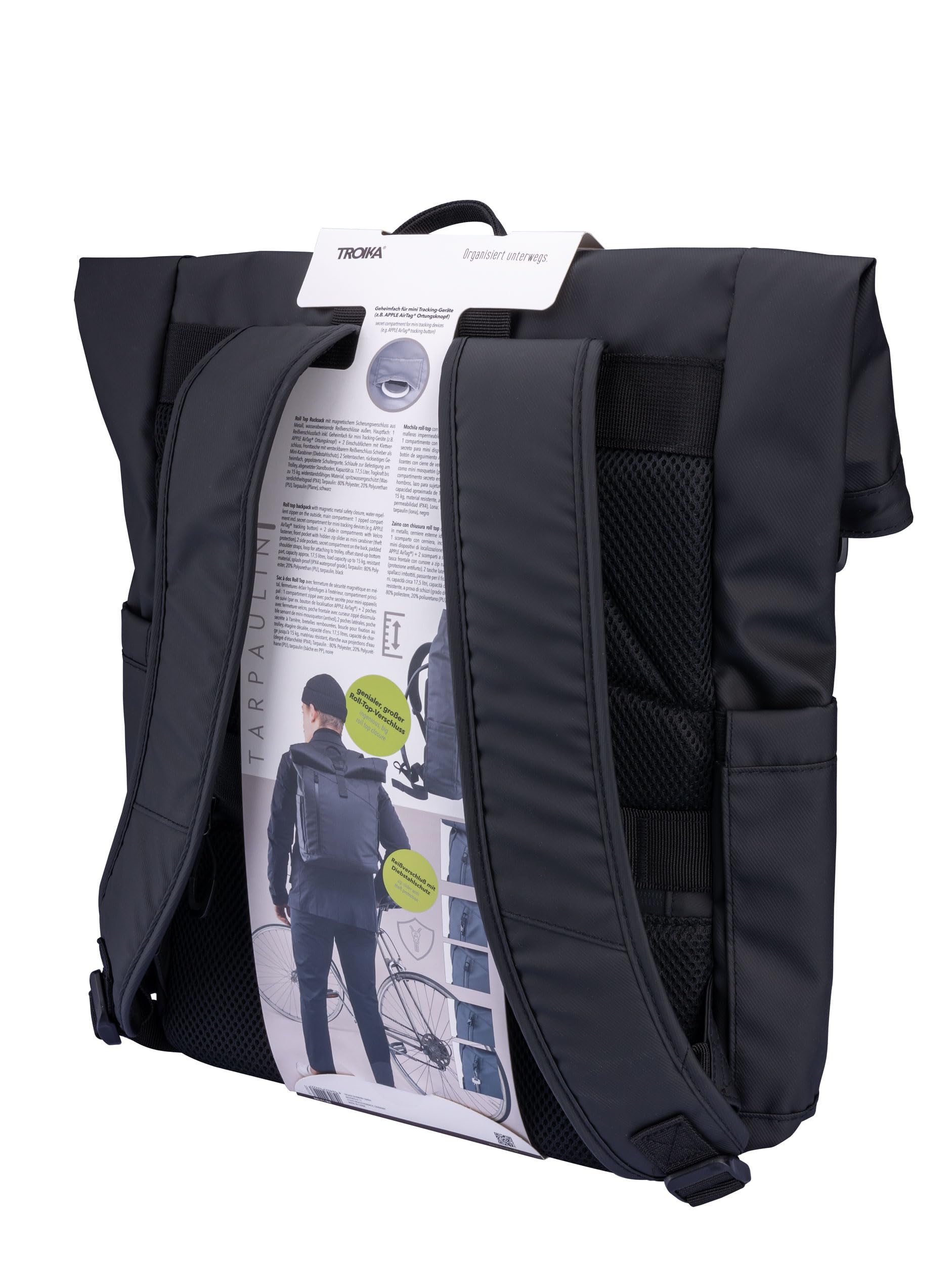 TROIKA Black Roll Top - BBL51/BK - Roll Top Rucksack mit magnetischem Sicherungsverschluss aus Metall – wasserabweisende Reißverschlüsse außen – Tarpaulin – schwarz