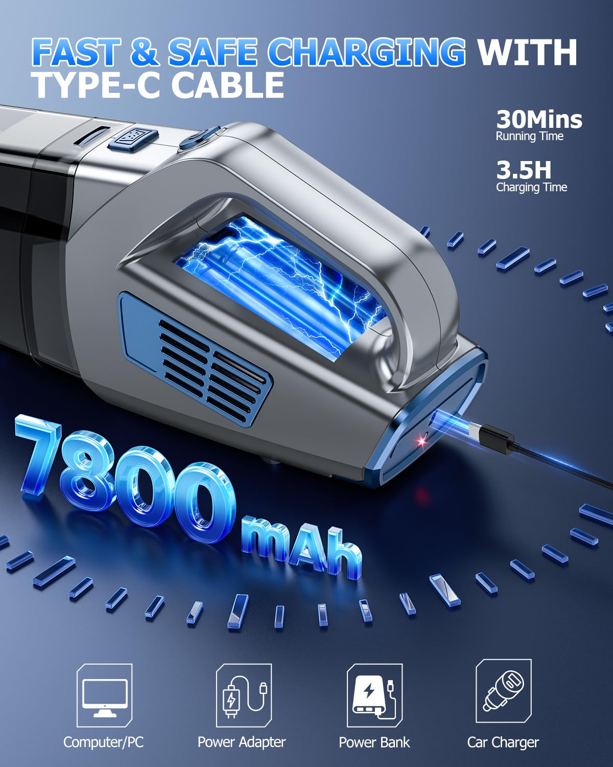 BQYPOWER Aspiradora de mano inalámbrica de 16000 PA, aspiradora de mano de succión fuerte, aspiradora de polvo, inalámbrica, recargable con múltiples accesorios, aspiradora portátil de alta potencia