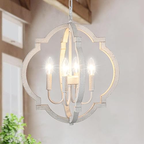 Lámpara de araña blanca para comedor - Lámpara colgante moderna de 4 luces, luces colgantes de madera rústica para cocina, isla, sala de estar,