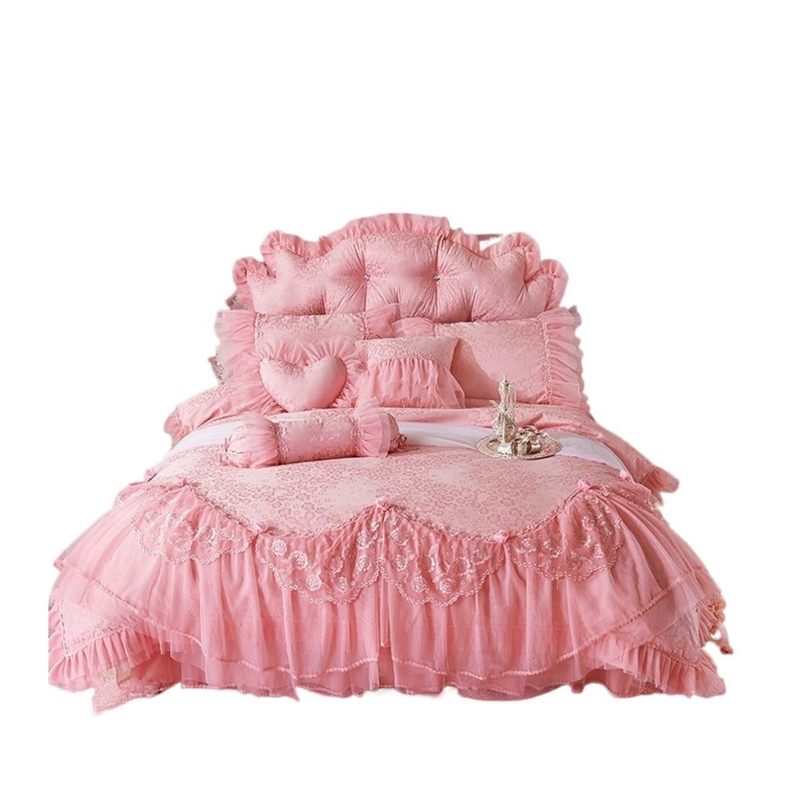 GCYEIDMA Ruffle Duvet Cover Jacquard Satin Cotton Duvet Cover Sets Lace Embroidery Bedding Set Ruffles Bedclothed Bed Skirt Pillowcases(PINK,BED SKIRT STYLE_FULL SIZE 1.6M 4PCS)