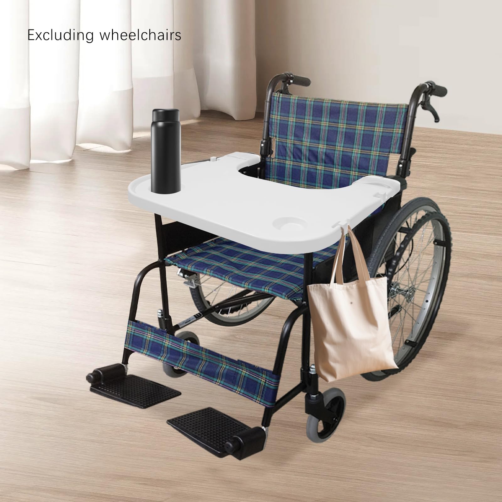 Tablett für Rollstuhl mit Becherhalter, ABS Kunststoff Rollstuhl Schoßtablett, Abnehmbar, Einfach zu Installieren, Rollstuhl Tablett Gesamtbelastbarkeit 80kg, 58 * 53cm (Weiß)