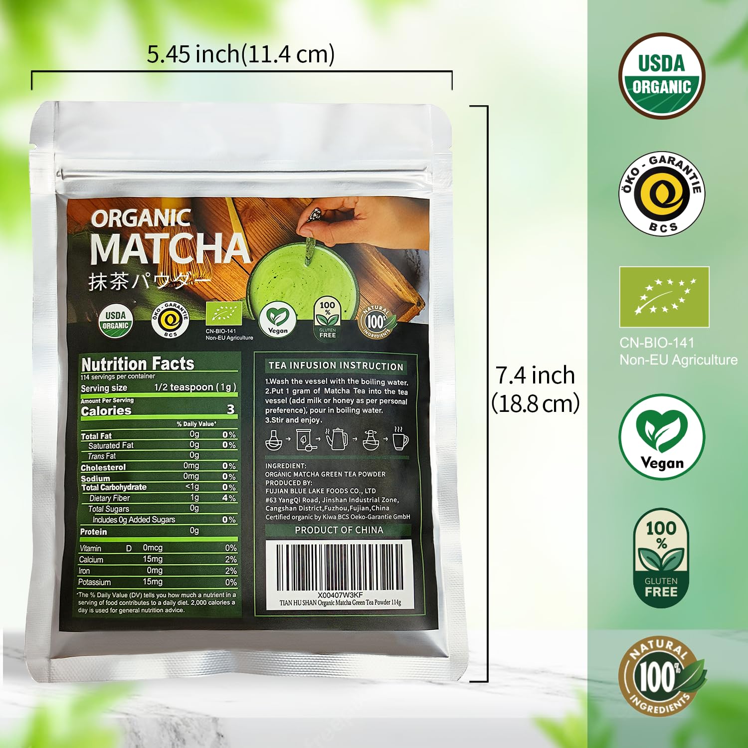TIAN HU SHAN Organic Matcha Green Tea Powder 4 0oz 114g Matcha Culinary Grade For Lattes Cooking Baking — view 2