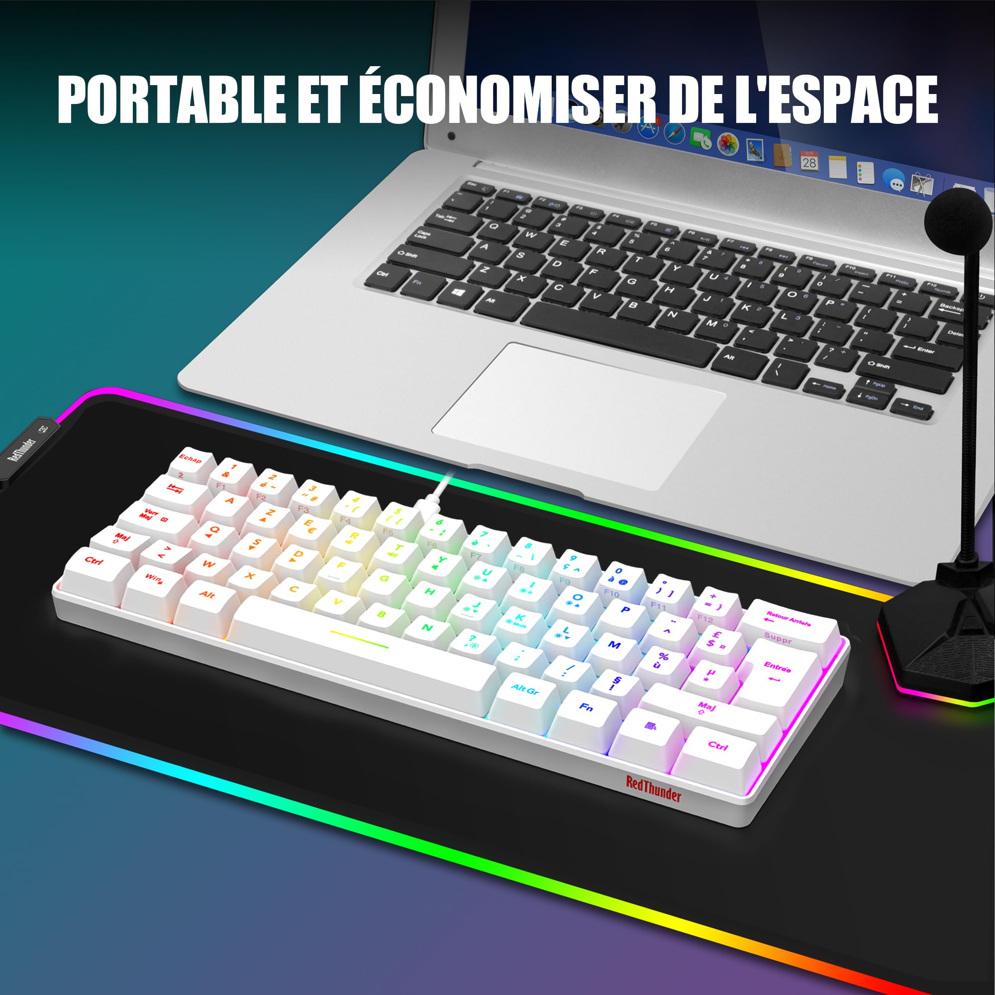 RedThunder 60% Set di tastiera e mouse 2 in 1 Gamer, AZERTY FRANCESE, Mini tastiera ultra-compatta retroilluminata RGB 62 tasti, mouse leggero 6 pulsanti 7200 DPI per PC Mac PS5 Xbox (bianco)
