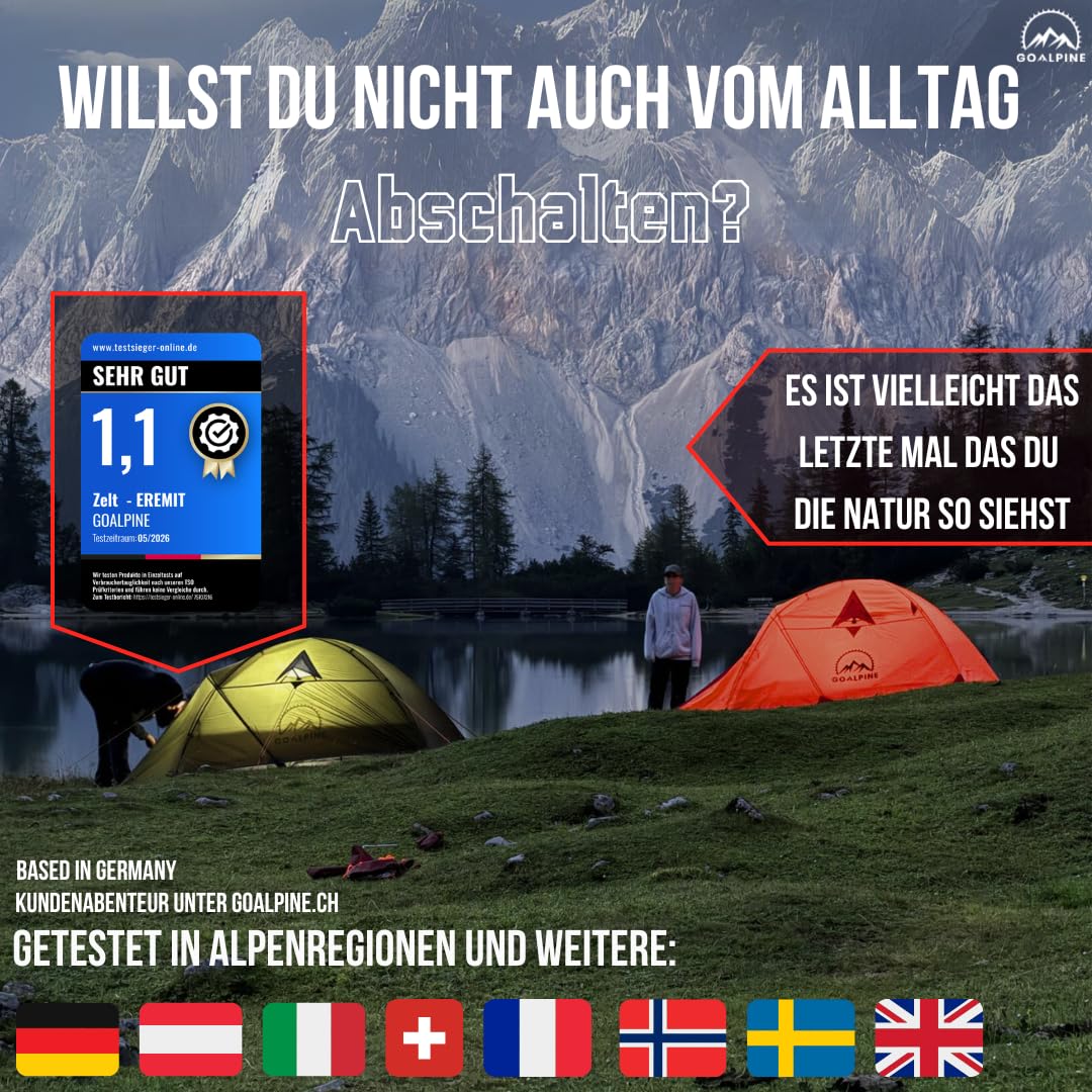Tienda GOALPINE® para 1 y 2 Personas Grandes | Impermeable 4000 mm | tamaño de Paquete pequeño | para Senderismo, excursiones de montaña y Ciclismo | Ultraligero | 4 Estaciones | construcción rápida