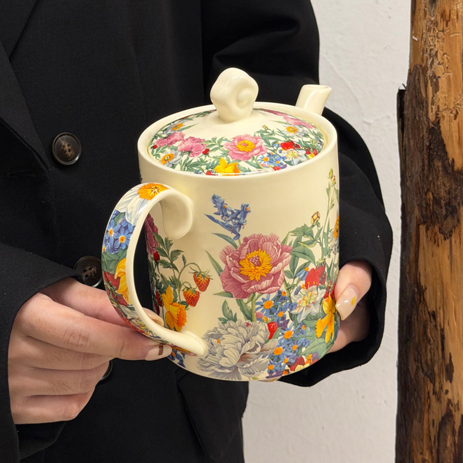 Keramik Teekanne 750ml Weiß Bunter Blumen Druck Integrierter Sieb Einschenktülle mit Blütenknauf HitzebestäNdiger FüR Losen Tee
