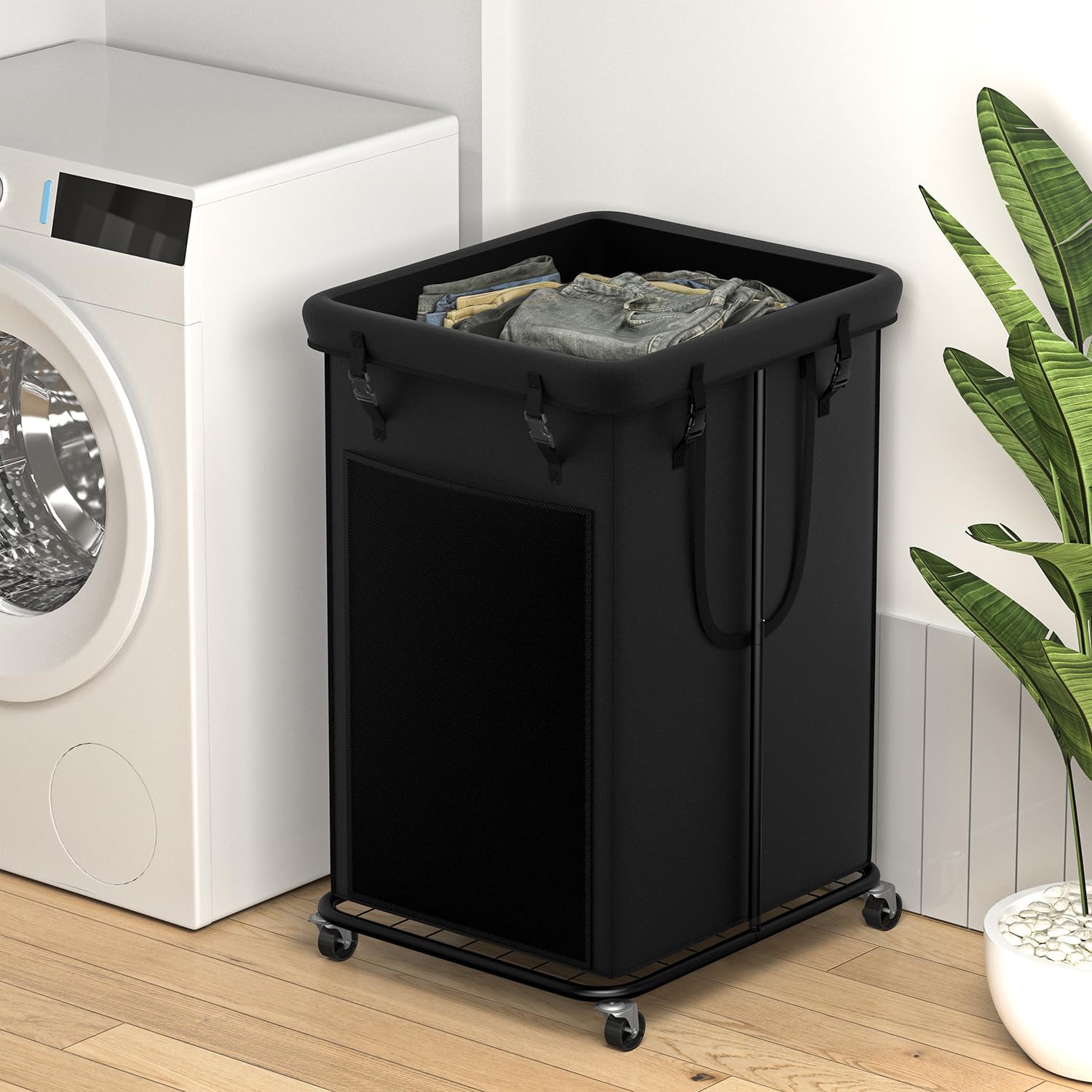 großer Wäschekorb, Wäschekorb Kleiderkorb, Metallrahmen und abnehmbare Taschen Design mit Rädern, geeignet für Schlafzimmer, Bad, Schlafsaal (Schwarz)
