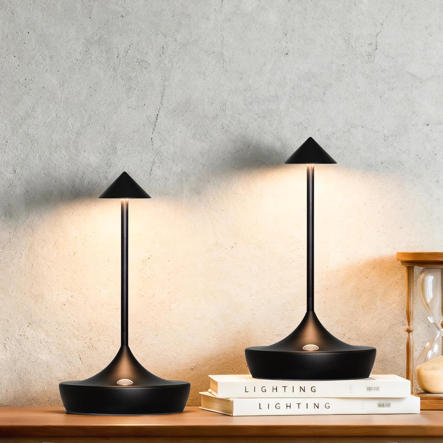 2-Pack Cordless Rechargeable LED Table Lamps, Metal, 3 Color Touch Stepless Dimmable, IP54 Waterproof Portable Battery Operated for Outdoor Dining Patio Restaurant Home Decor, Black