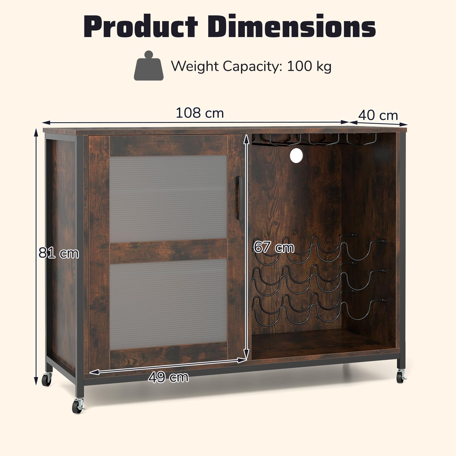 FANTASK Barschrank, Weinschrank mit LED-Beleuchtung, Rollen, verstellbaren Regalen, Glashalter Flaschenhalter, Sideboard Küchenschrank industriell für Esszimmer Wohnzimmer