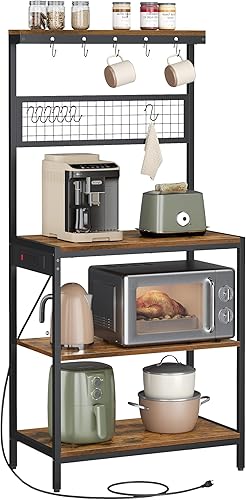 VASAGLE Estante para panaderos con estación de carga, soporte de barra de café con estante de almacenamiento ajustable, panel de rejilla, 12