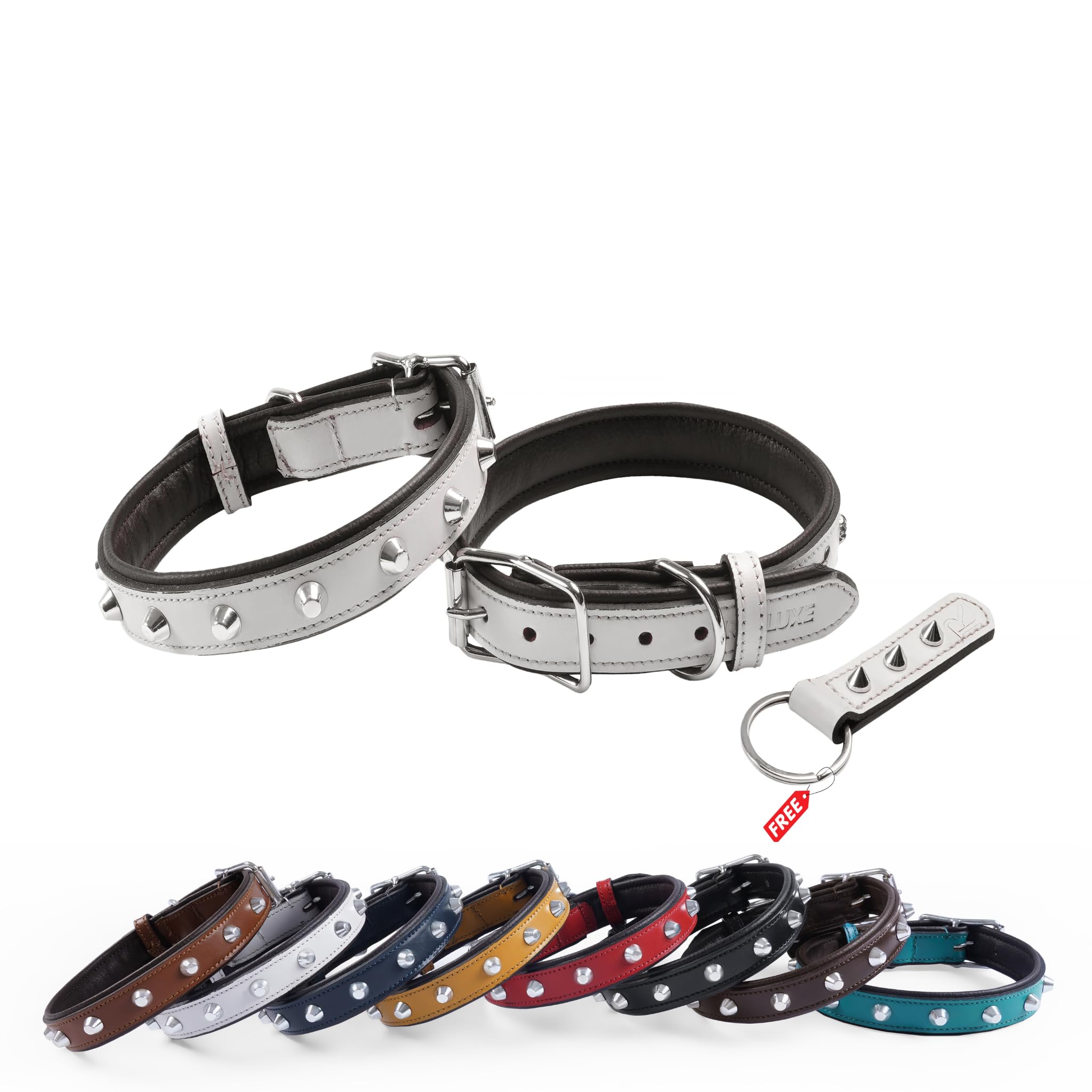 REDLUXE Genuine Leather Studded Dog Collar, Soft Padded Adjustable Pet Collar with Heavy Duty Buckle & D-Ring, Luxury Leather Collar for S, M & L Dogs, Includes Free Matching Keyring (WHITE, XL)
