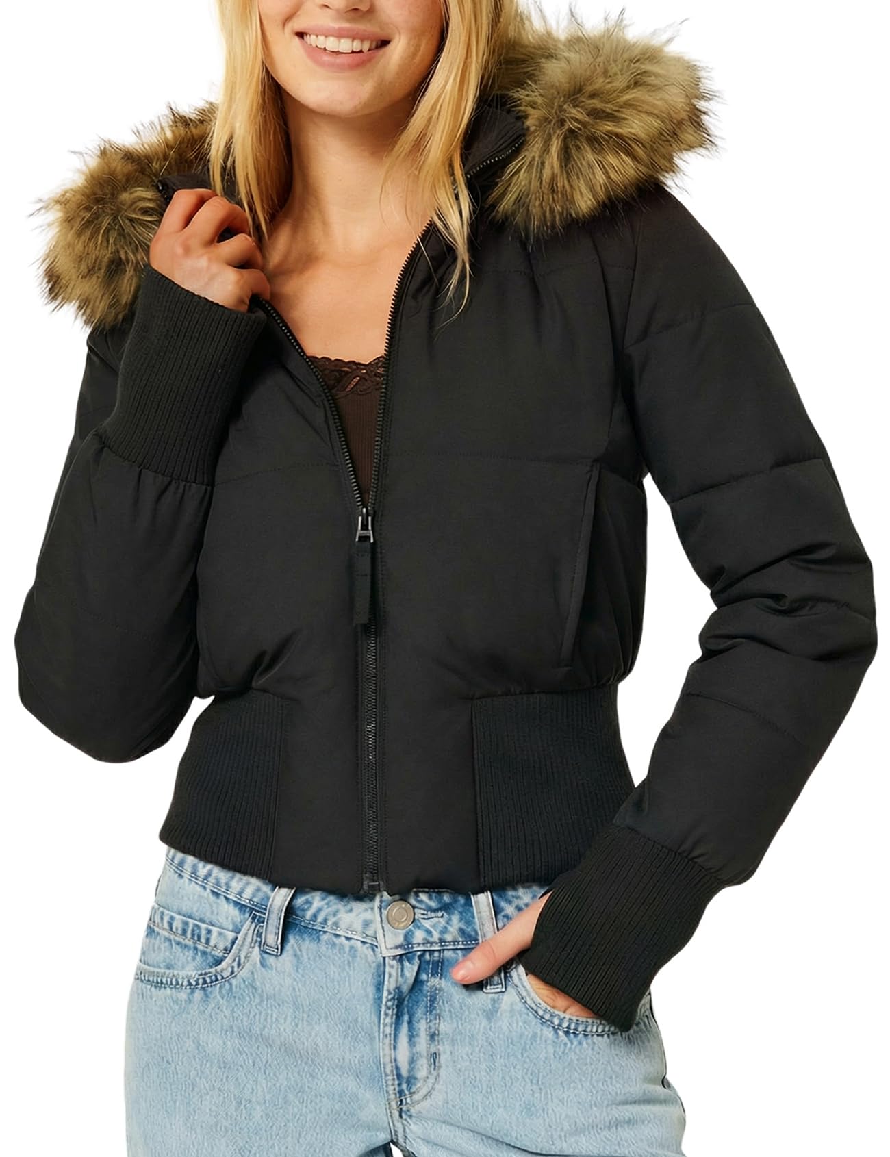 Wyeysyt Damen Cropped-Pufferjacke, gesteppt, Winterjacke