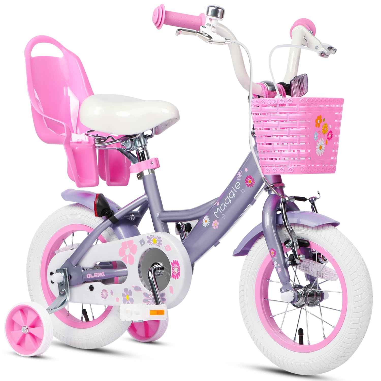 Glerc Maggie 12 14 16 20 Pouces vélo pour Enfants pour Les Filles de 2 à 13 Ans, vélo de Style Princesse pour Tout - Petits avec siège de poupée, Panier, stabilisateur et Support, Plusieurs Couleurs