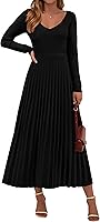 PRETTYGARDEN Women's Long Sleeve V-Neck Ribbed Knit Pleated A-Line Sweater Maxi Dress Fall Winter Elegant