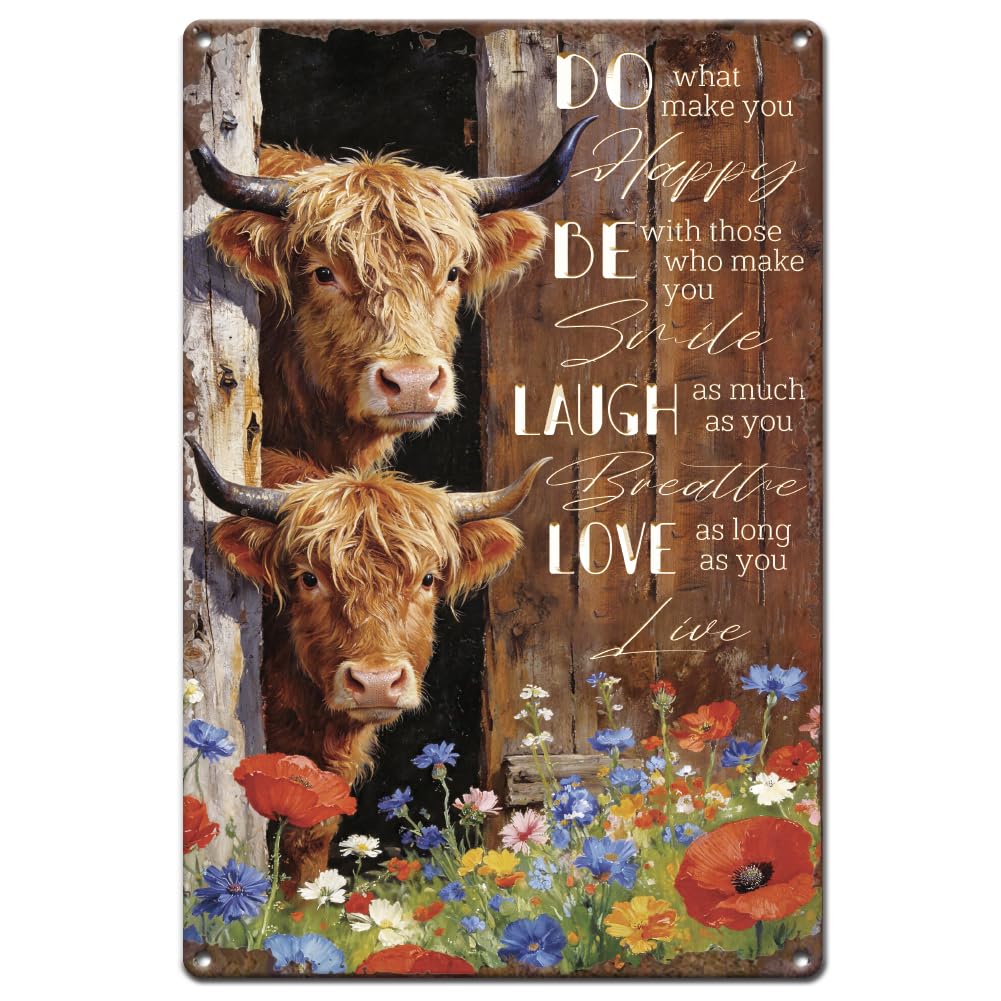 SUPERDANT Highland Cattle Metal Signs Inspirational Quote Retro Tin Signs Flower Vintage Wall Decor Decor Home Livingroom Garage Porch Pre-Drilled Rolled-Edge Iron Plaque Gifts 30x20cm