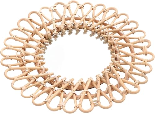 HEMOTON Espejo de ratán redondo de mimbre espejo decorativo montado en la pared marco de madera de arte espejo sala de estar dormitorio baño