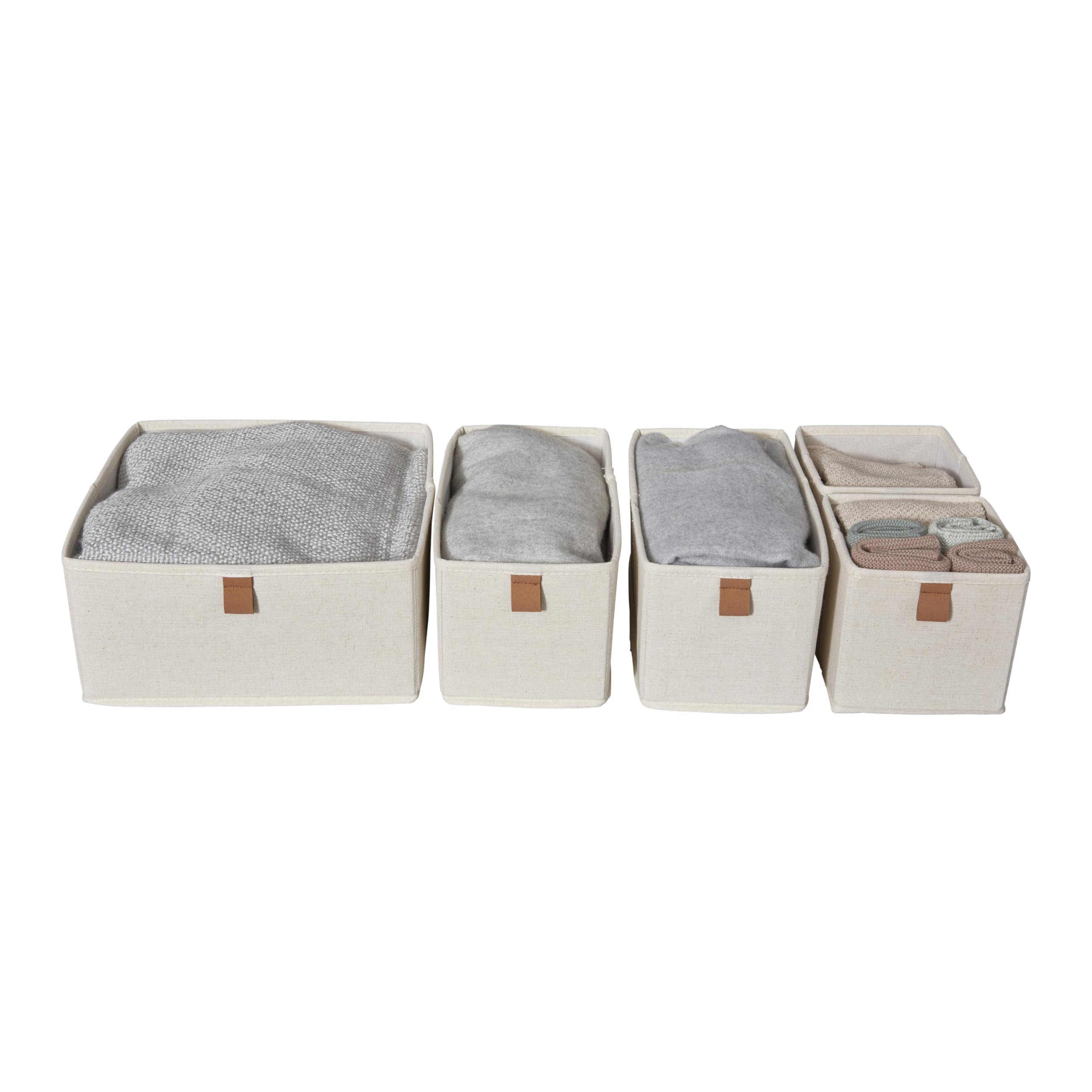 LOVE IT STORE IT Premium Storage Basket, 5-Piece Organiser for Wardrobe Made of Linen Cotton Mix, Reinforced with Cardboard, Beige, 5 Boxes in 3 Sizes