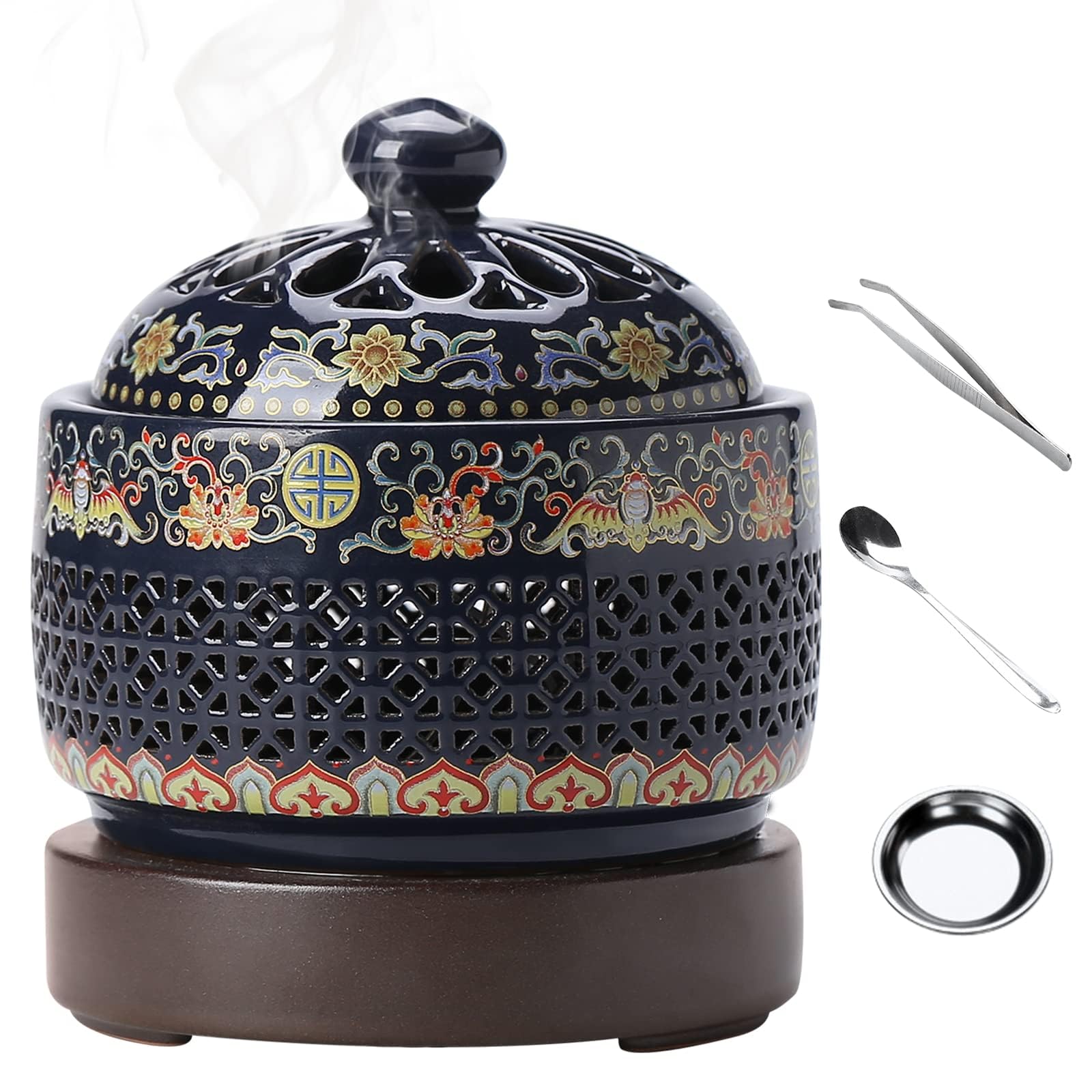 – LBOYLOVE Ceramic Electric Incense Burner, Classical Incense Holder Chinese Lotus with Timer, Spoon, Plate, Tweezers for Indoor Air Purification/Home Decoration/Meditation, Yoga, SPA (E)