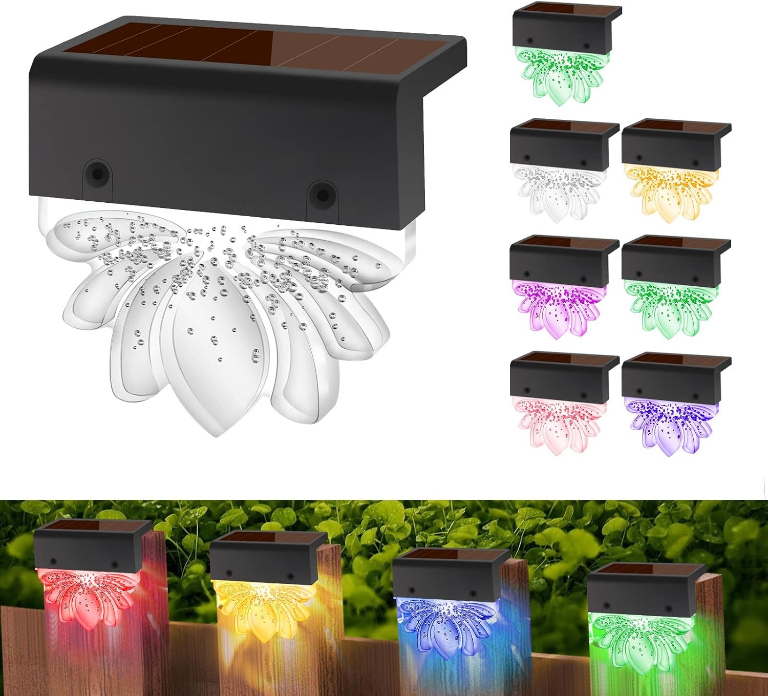 FAISHILAN Solar Fence Lights Solar Deck Lights Waterproof Solar Fence Patio Yard Pool Solar Powered Lights Acrylic Color Glow Stair Lights for Outside Christmas Holiday Yard 8Pack (Tibetan Black)