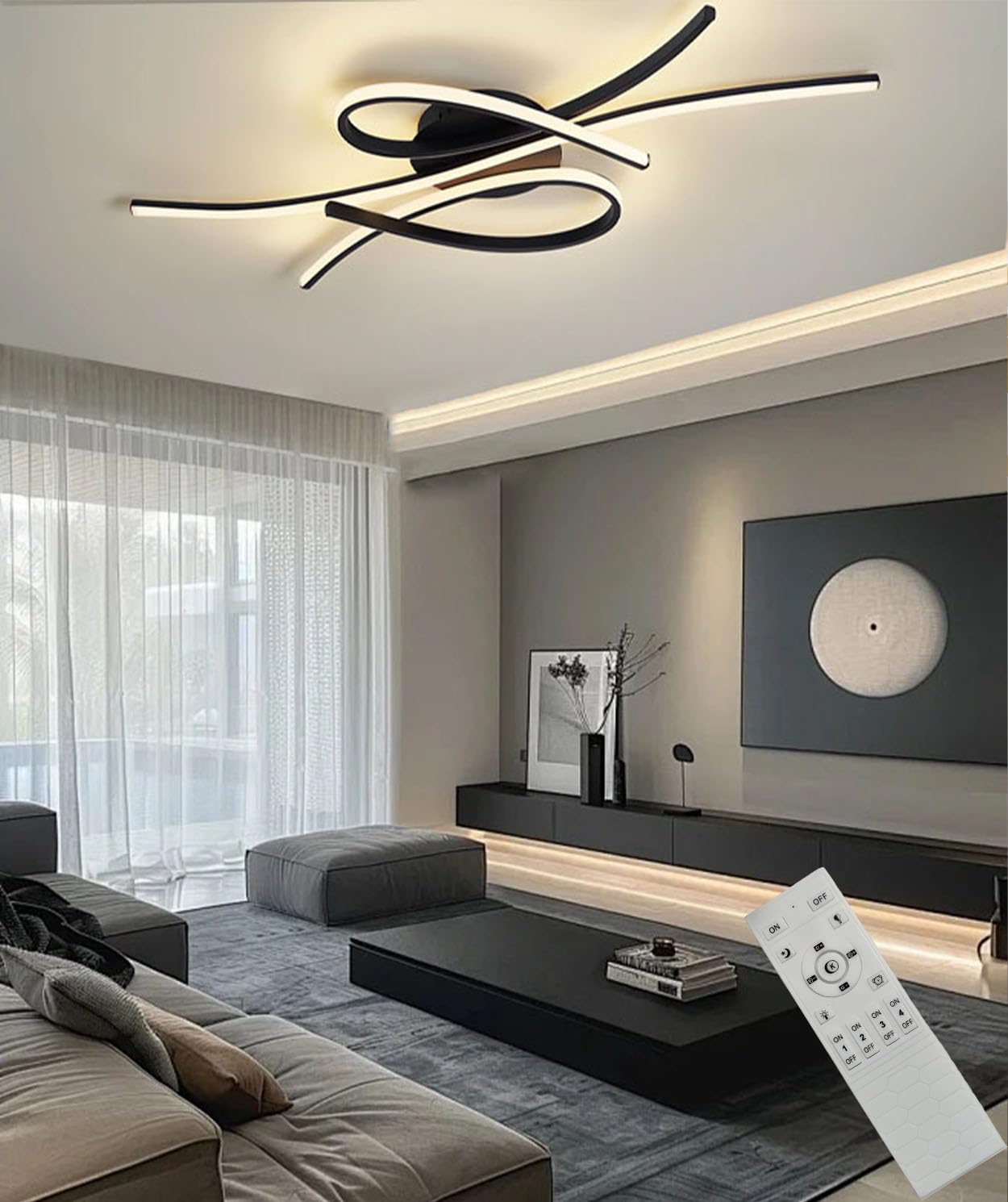 JINGKER Modern LED Ceiling Light,Dimmable Living Room Ceiling lamp Bedroom Pendant Light with Remote Control for Bedroom, Dining Room and Living Room Gold Black54W (Black, L80CM)