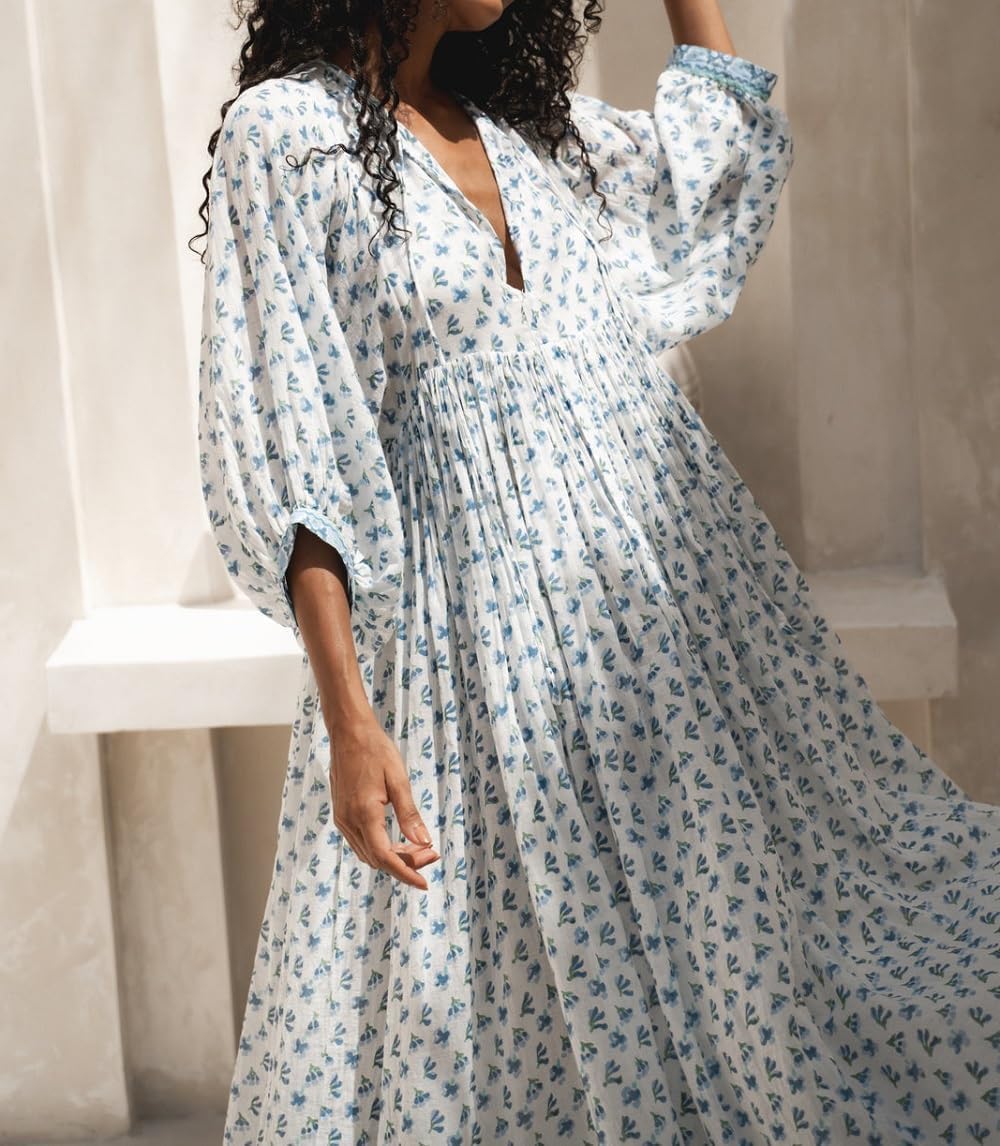Women Boho Maxi Dress Floral Puff Sleeve V Neck Loose Flowy Long Dress Bohemian Beach Sundress - Image 4