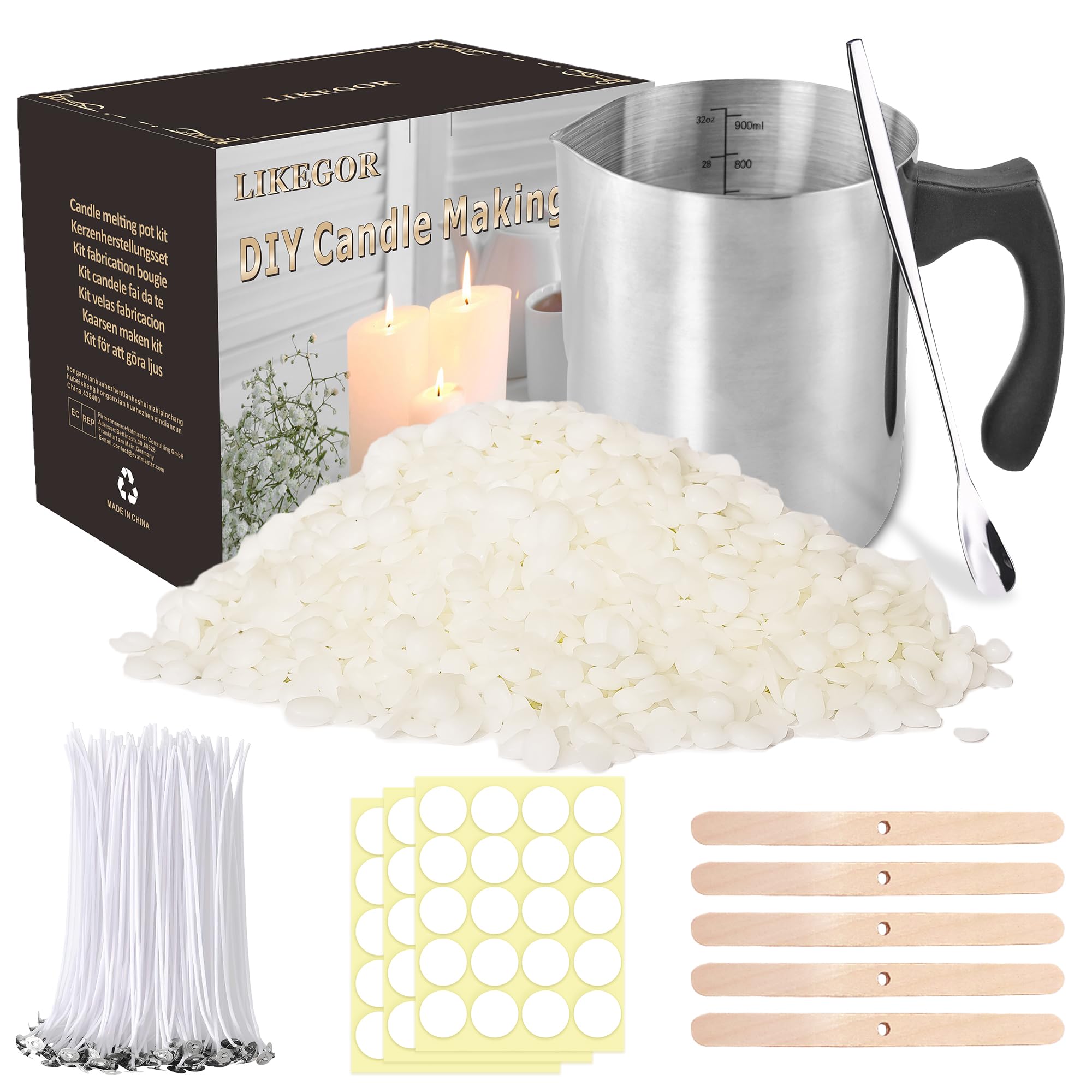 Aslanka Candle Making Kit: 900ml Pourer, 1kg Natural Soy Wax, 5 Wooden Wick Holders, 100 Wicks - Adults, Unisex, Classic Style