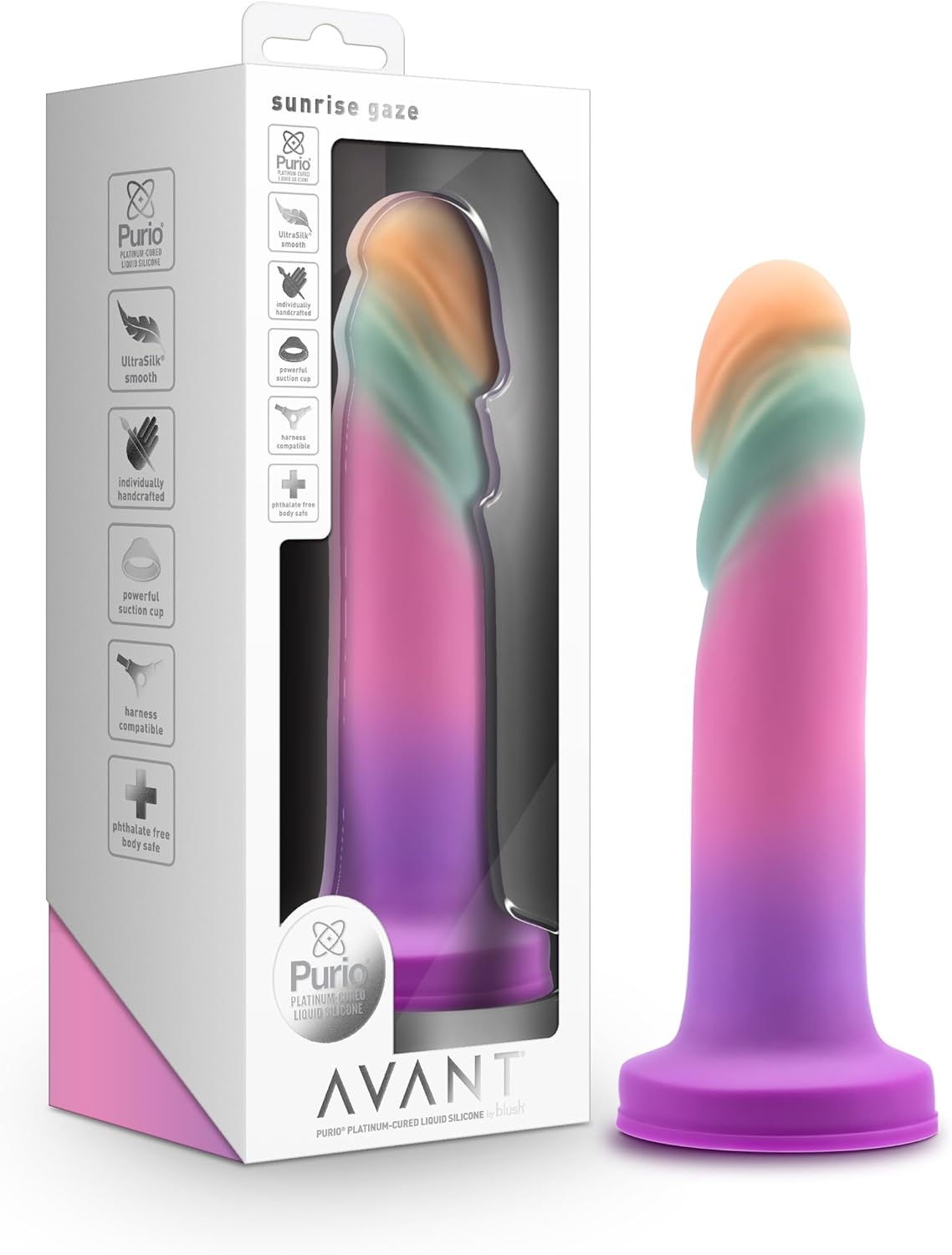Blush Avant Sunrise Gaze 7.5 Inch Liquid Silicone Dildo - Satin UltraSilk Finish Lifelike Penis - Strong Suction Cup Base & Harness Compatible - Adult Sex Toys for Women Men Couples Pleasure - Sherbet