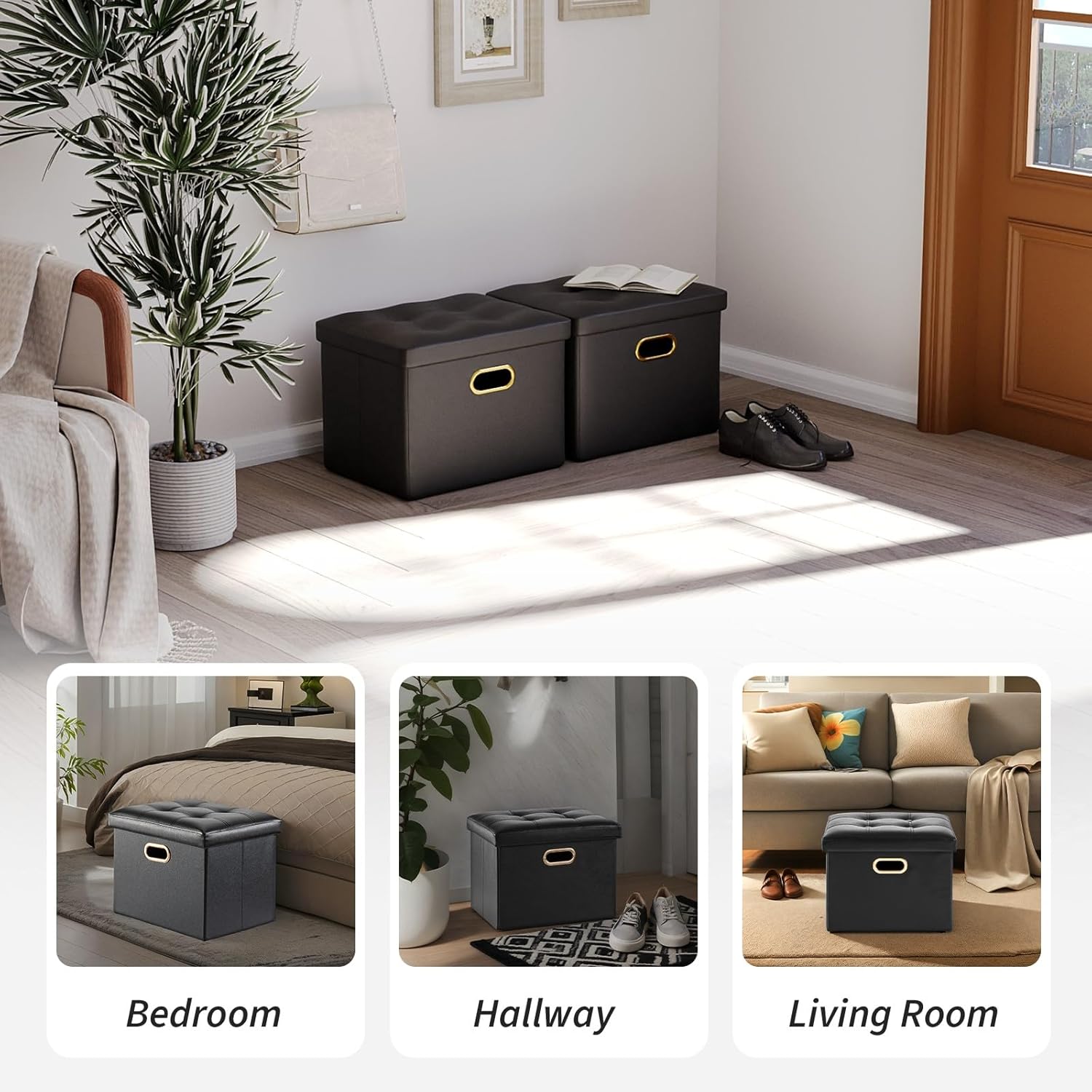 2 Pack Folding Storage Ottoman, 16 inch PU Leather Small Ottoman with Storage Foldable, Set of 2 Faux Leather Foot Stool Support 260lbs for Living Room, Bedroom, Hallway, Black