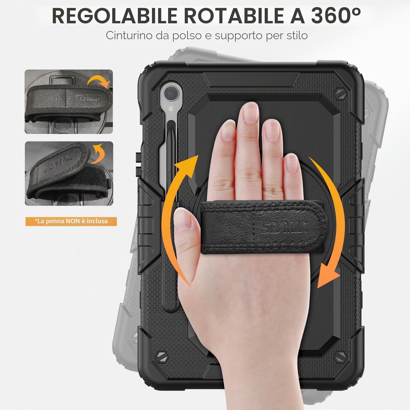SEYMAC Custodia per Samsung Galaxy Tab S10 Lite / S10 FE 10.9" / S9 FE 10.9"/ S9 11 Pollici, Custodia Antiurto con Pellicola Protettiva, Supporto Girevole a 360°, Tracolla, con Portapenne, Nero