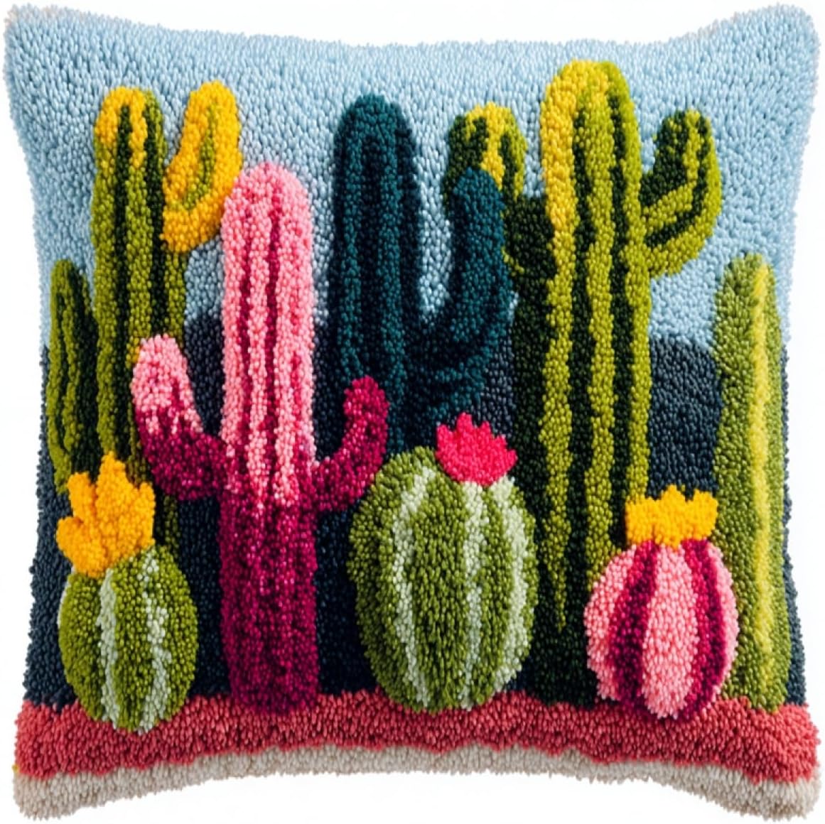 RKFLGEW DIY Latch Hook Kit Cartoon Colorful Cactus Pillow Cover DIY for Teenager Beginner and Adults Family Friends Needlework Crafts Atch Hook Set 43x43cm