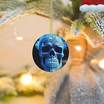 2025 Christmas Tree Decoration Hanging Round Ornament 3D Print Blue Skull Ceramic Ornaments Christmas Tree Decorations Round Pendants for Xmas Tree Winter New Year Party Supplies