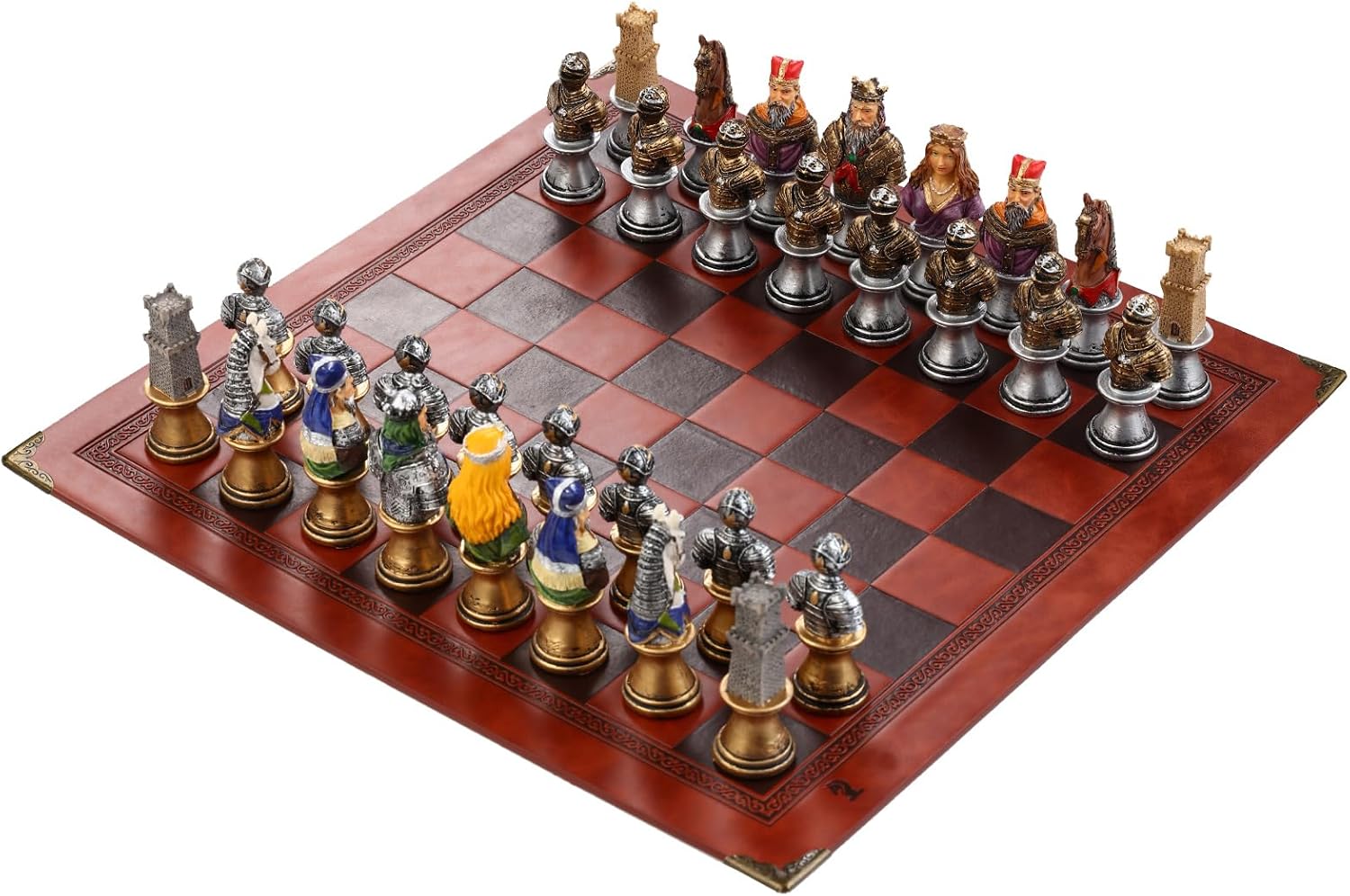 Handmade Medieval Warrior Character Chess Set with Resin Chess Pieces and Embossed Leather Chess Board for 2 Players - Gift for Birthday Thanksgiving Christmas for Adults