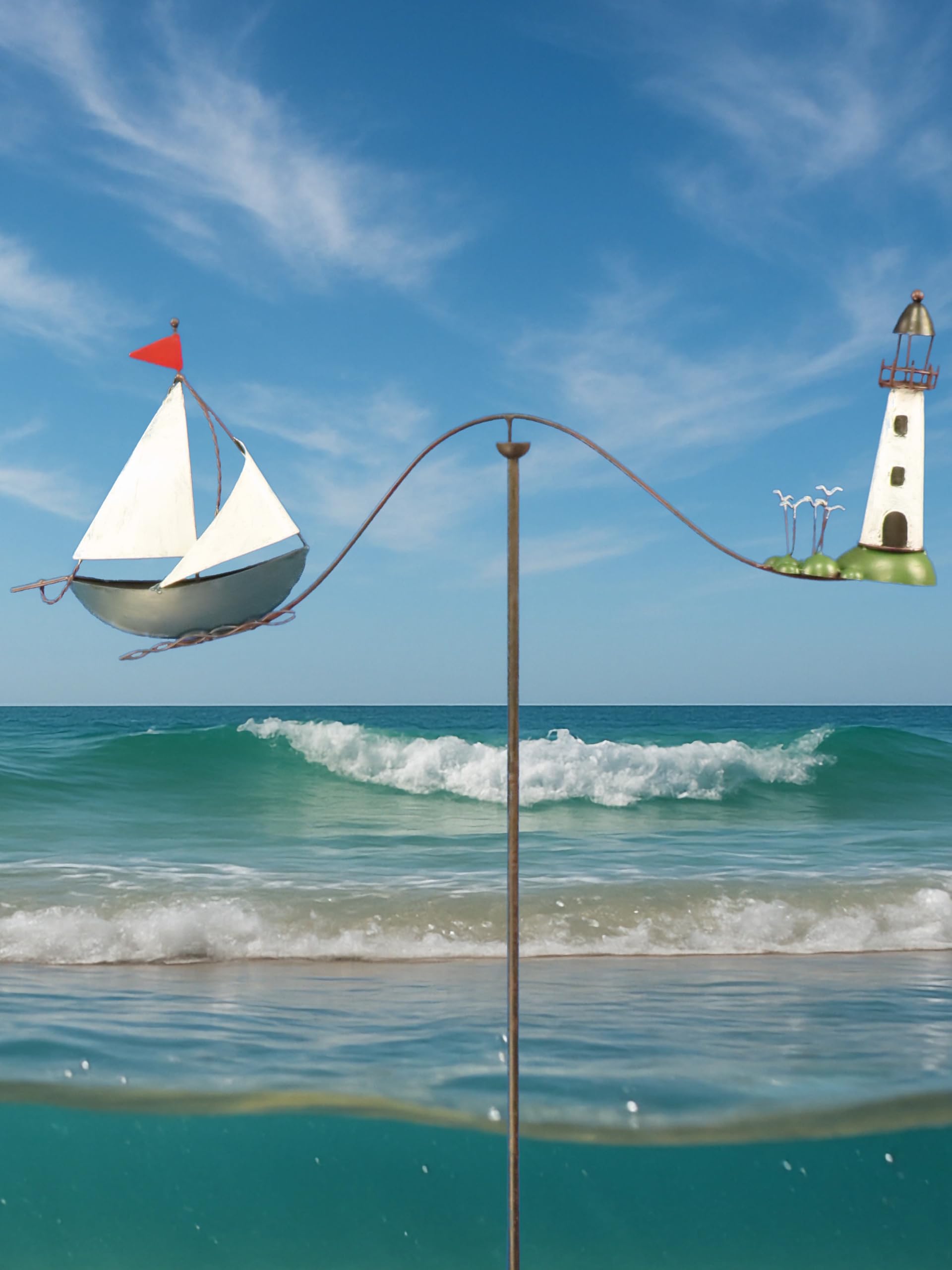 Pommerntraum ®| Windspiel Gartendeko Leuchtturm Möwen Segelboot Maritim | Gartenpendel Gartenstecker Nautik Segelschiff Segelyacht Vogel Vögel Küstenfans Segler Skipper SEGELBOOT + LEUCHTTURM + MÖWEN