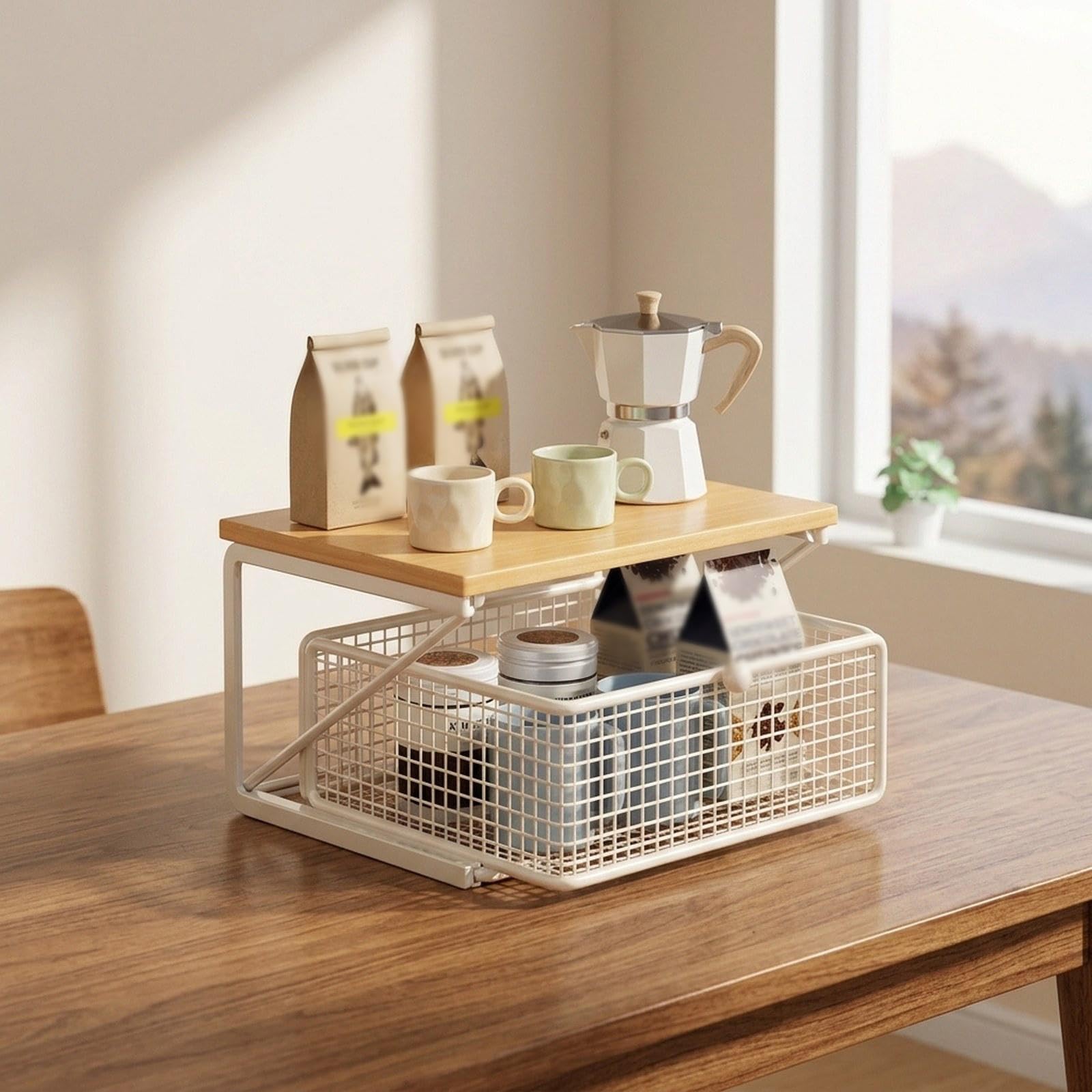 Coffee Station Organizer Aufbewahrungsständer Kaffeepod-Organizer Küchenzubehör Regal mit Stabilem Eisen-Holz-Rahmen für Kaffeebar Arbeitszimmer