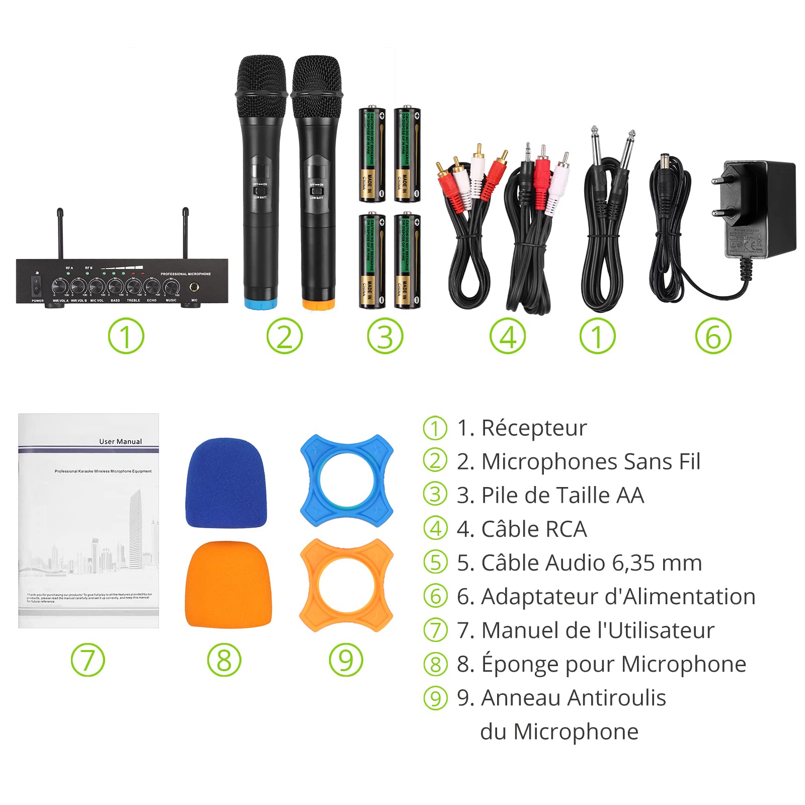 LiNKFOR Système Micro Sans Fil UHF 2 Canaux Écran Affichage Batterie Bluetooth 4.2 Réglage Écho/Aigus/Graves Extension 3ème Micro