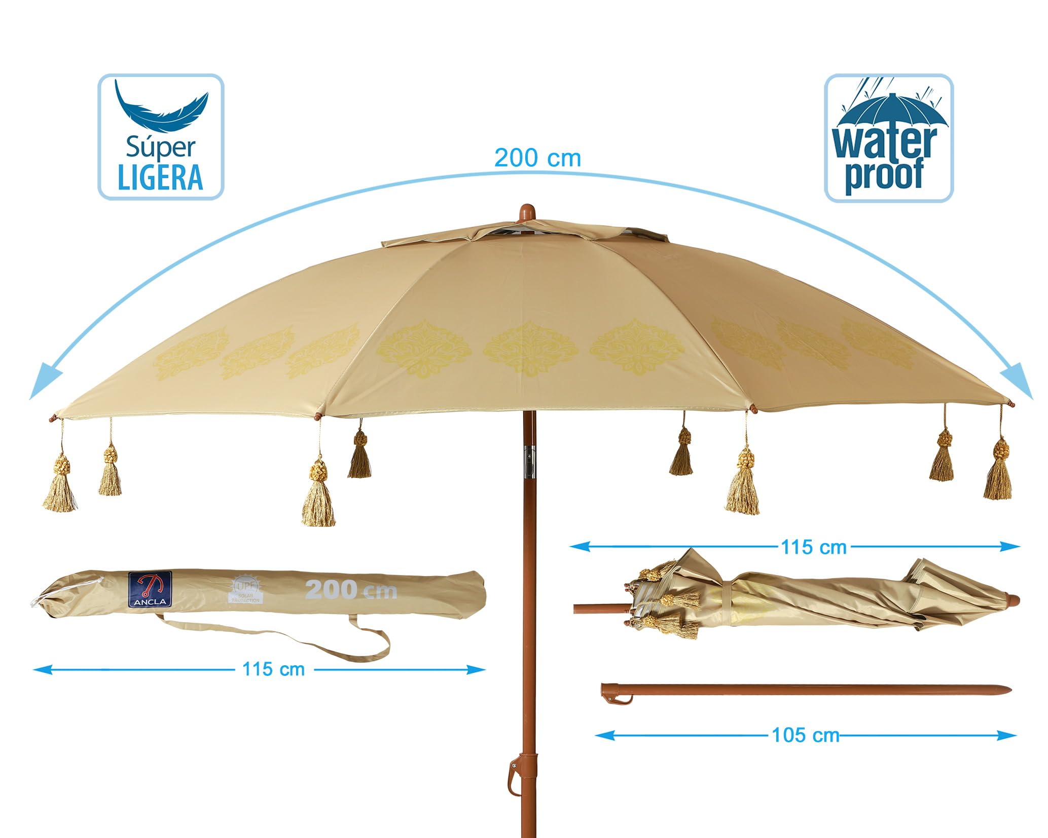 Atosa Strandschirm Ø 180 bis 240 cm aus Aluminium Orientalisches Modell mit Fransen mit LSF 50+, beige, 200 cm, Bohemien