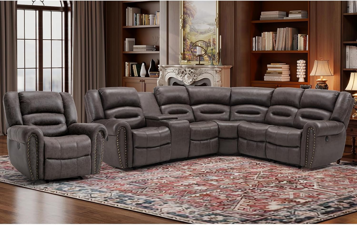 EBELLO L-Shaped Power Reclining Sectional Sofa Set, Faux Leather Corner Couch Home Furniture Set with Storage Console, Cup Holders, USB Port(Dark Brown,Sofa with Recliner)