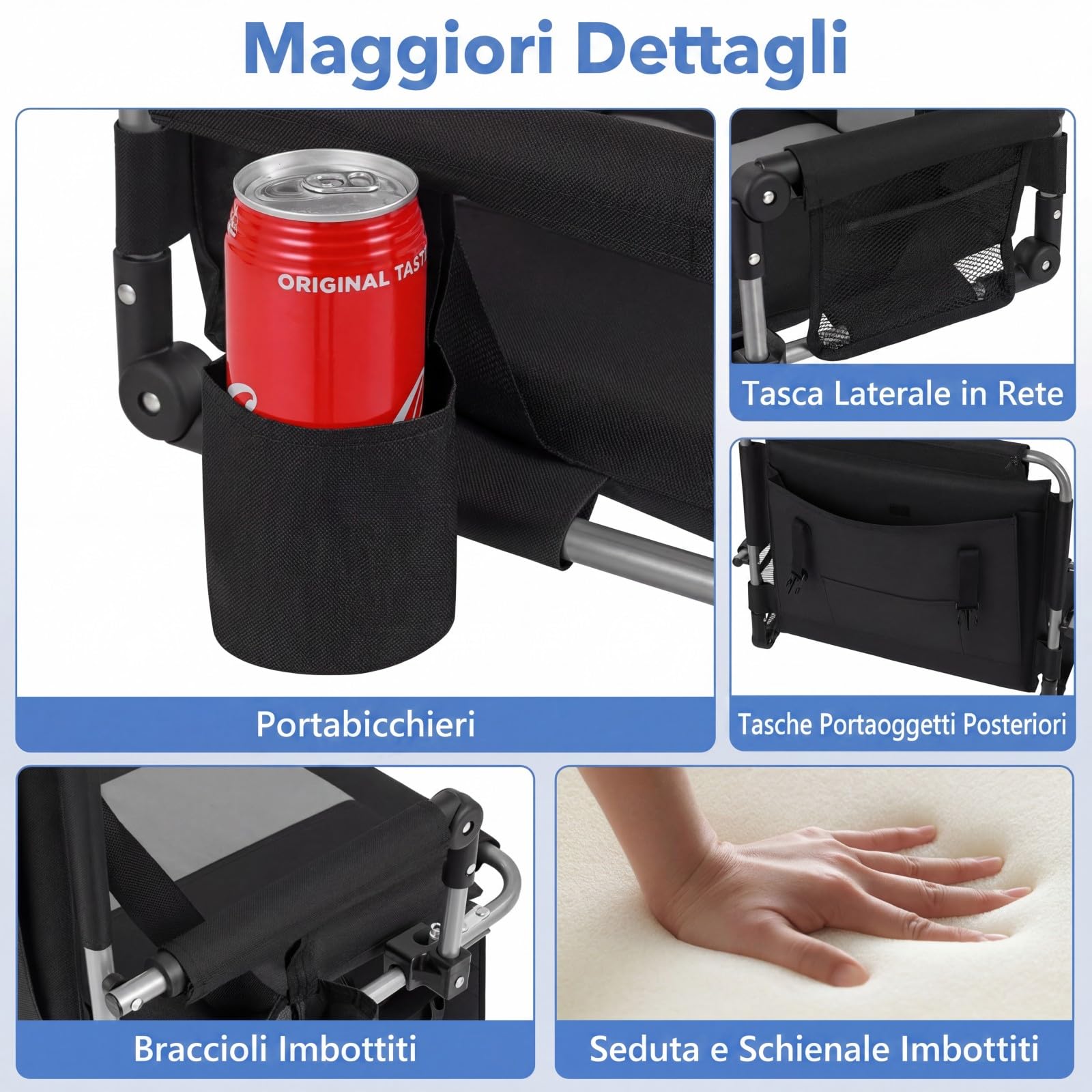 COSTWAY Sedia Stadio, Sedile Pieghvole da Tribuna, con Tracolla e Manico Portatili, Cuscino Imbottito, Schienale, Tasca Portaoggetti, Portabicchieri, per Partite Sportive, Concerti (Grigio)