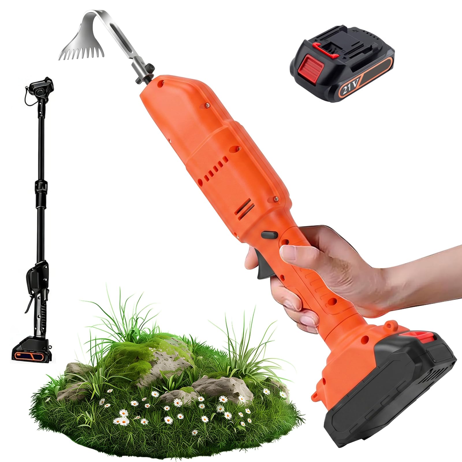 Cordless Electric Garden Tiller Cultivator, 21V Handheld Weeder Hoe with Battery, 550W Mini Tiller for Digging Cultivating Weeding, Lightweight Garden Tool for Patio Lawn Yard Farm (1 Battery)