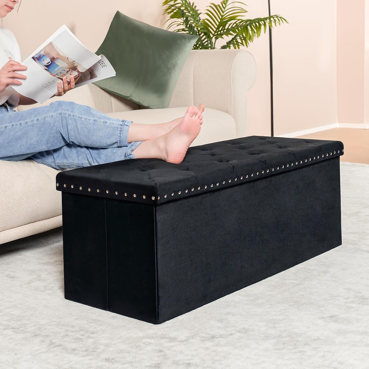 PINPLUS Black Storage Ottoman Bench for Bedroom, Folding Velvet Chest with Benches Foot Rest Stool, Large Long Shoes Chest for Bedroom, Living Room, 43.3"x15.7"x15.7" - Image 9