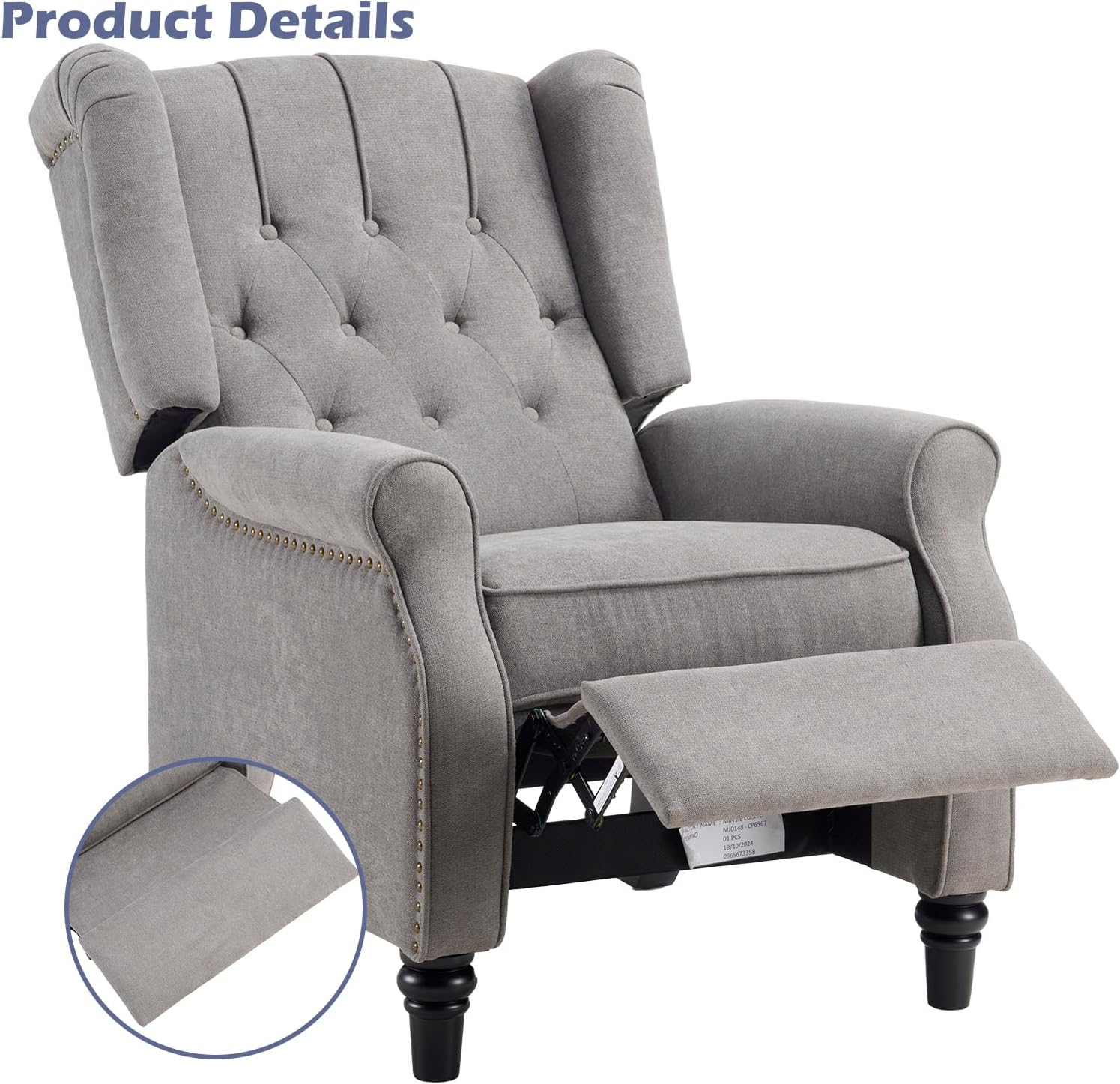 EBELLO Push Back Recliner Chair, Fabric Accent Chair Pushback Recliner with Rivet Decoration, Button-Tufted Back, Mid Century Wingback Armchair for Living Room, Bedroom, Grey