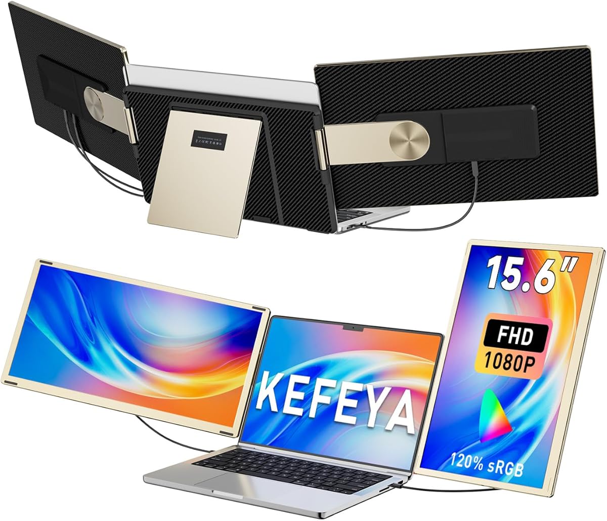 KEFEYA Laptop Screen Extender 15.6", FHD 1080P Portable Triple Monitor for Laptops 13-17.3", 120% sRGB 235° Rotation Detachable Laptop Monitor Extender for Windows/Mac/Dex/Chrome/Surface, Plug n Play