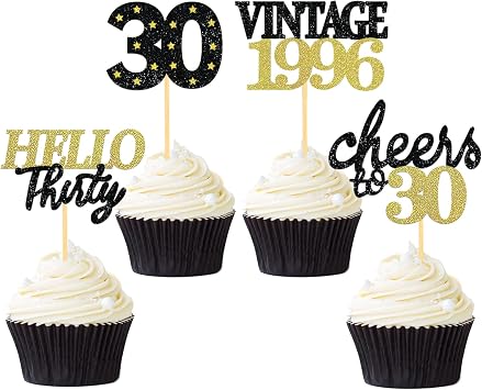 24 PCS Glitter 30th Birthday Cupcake Toppers for Celebrating Thirty Years Old Birthday Party Decorations for 30th Anniversary Party Supplies Black&Gold