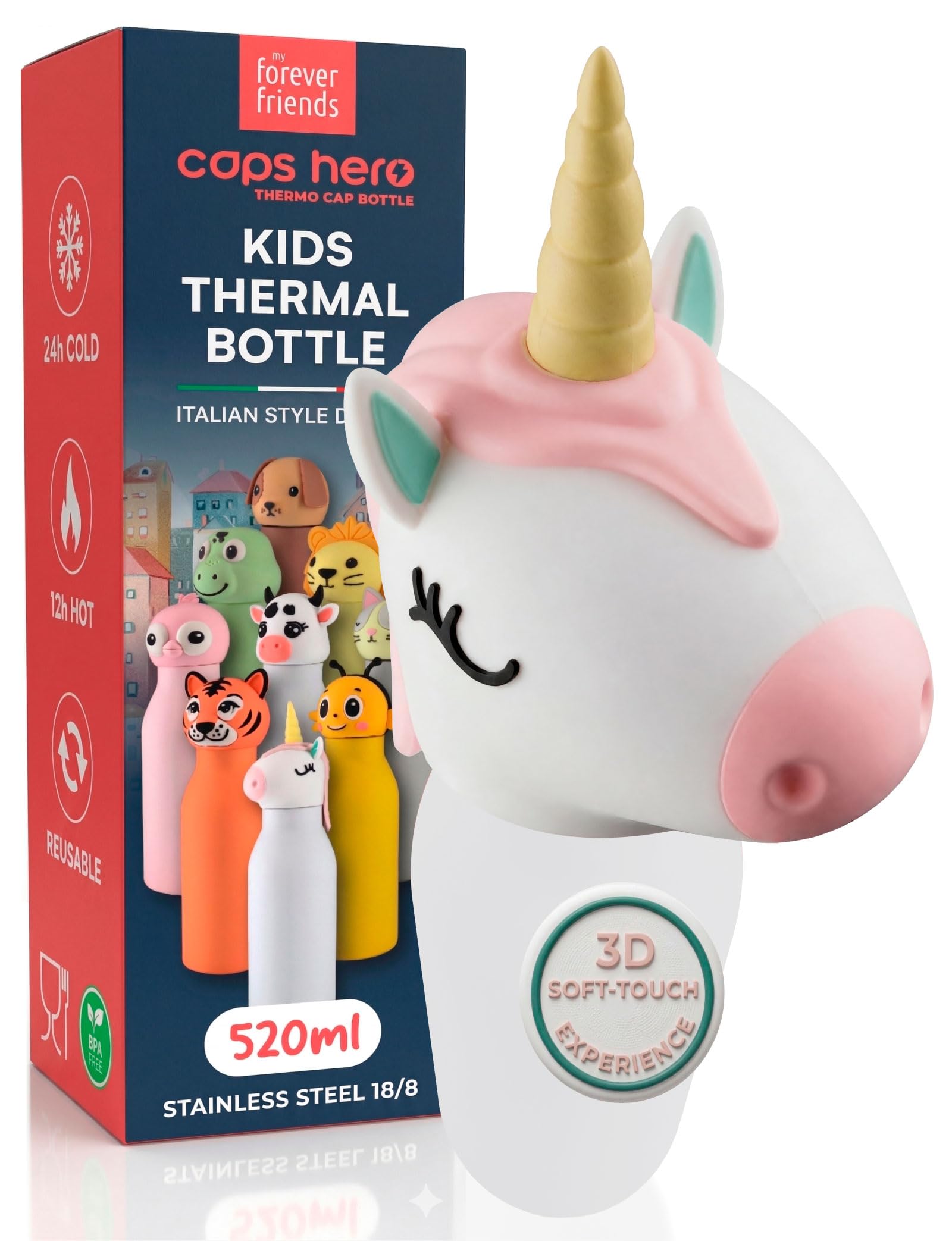 Borraccia Termica per Bambini Acciaio Inox Senza BPA 520ml - CapsHero Unicorno Unicorn Una - Riutilizzabile Antiodore con Doppia Parete 230x70mm - Caldo 12h Freddo 24h - Collezione My Forever Friends
