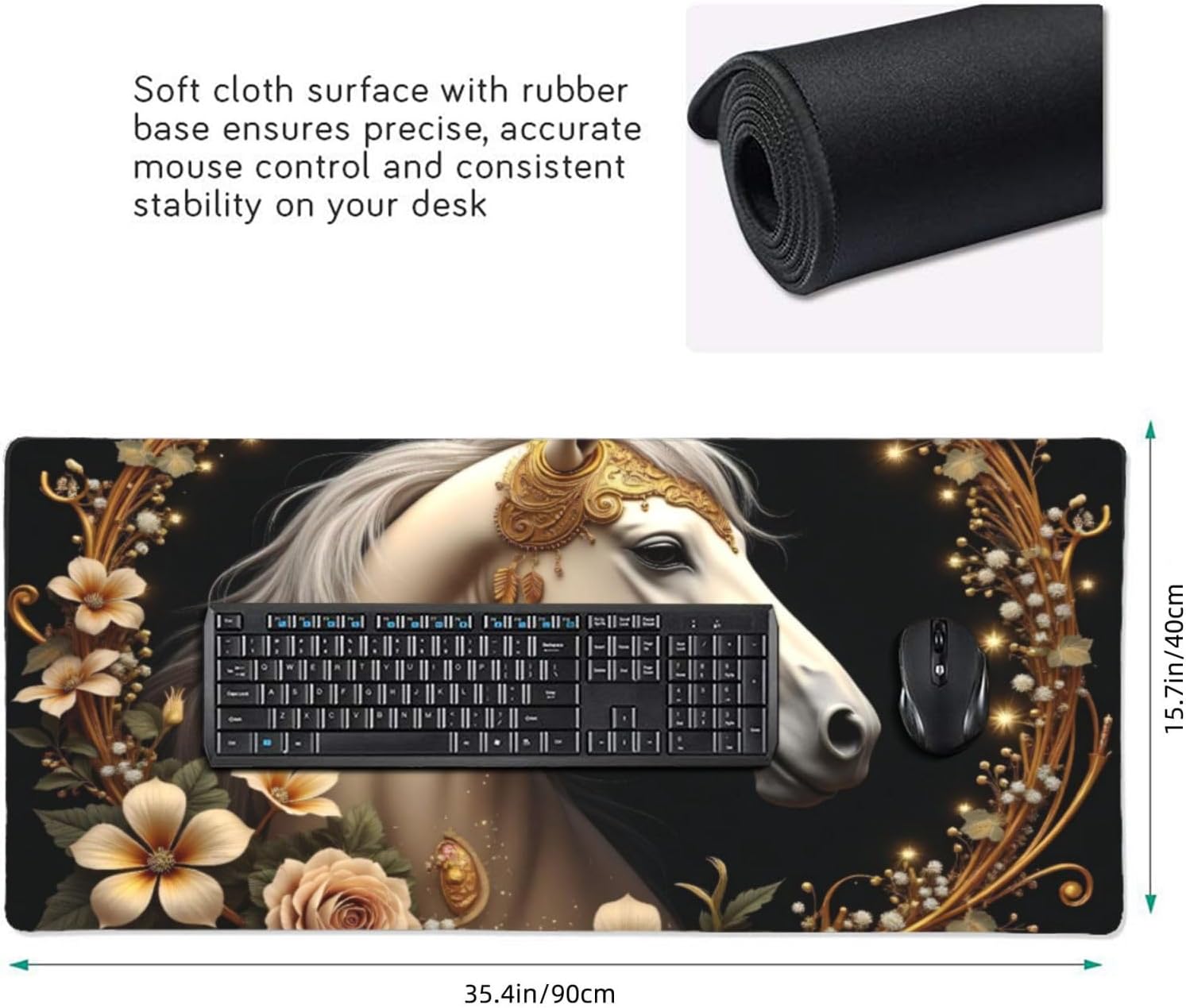 Large Gaming Mouse Pad, Elegant Beige Horse Print Desk Keyboard Pad, Non-Slip Desk Mat for Desktop Keyboard and Mouse, Mousepad for Office Home Accessories 16x35.5