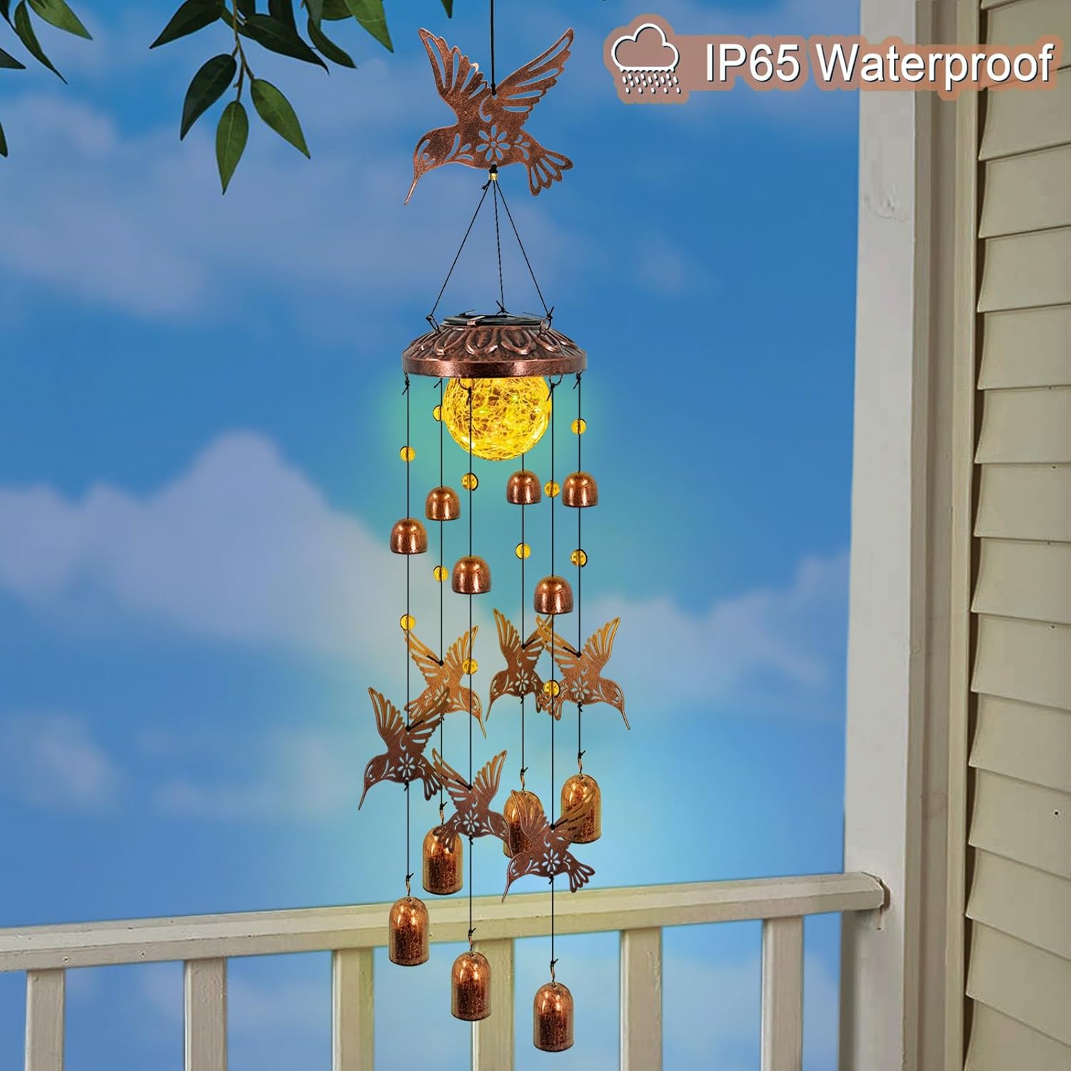 Solar Wind Chimes for Outside, Metal Hummingbird Wind Chimes with Cracked Glass Lights,Hanging Solar Lights for Outside,Yard,Patio,Garden,Porch Decor