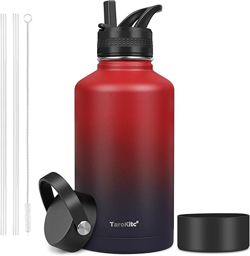 TaroKitc Botellas de agua aisladas de 64 onzas con popote, 2 tapas, botella de agua deportiva de acero inoxidable aislada al vacío de medio galón,