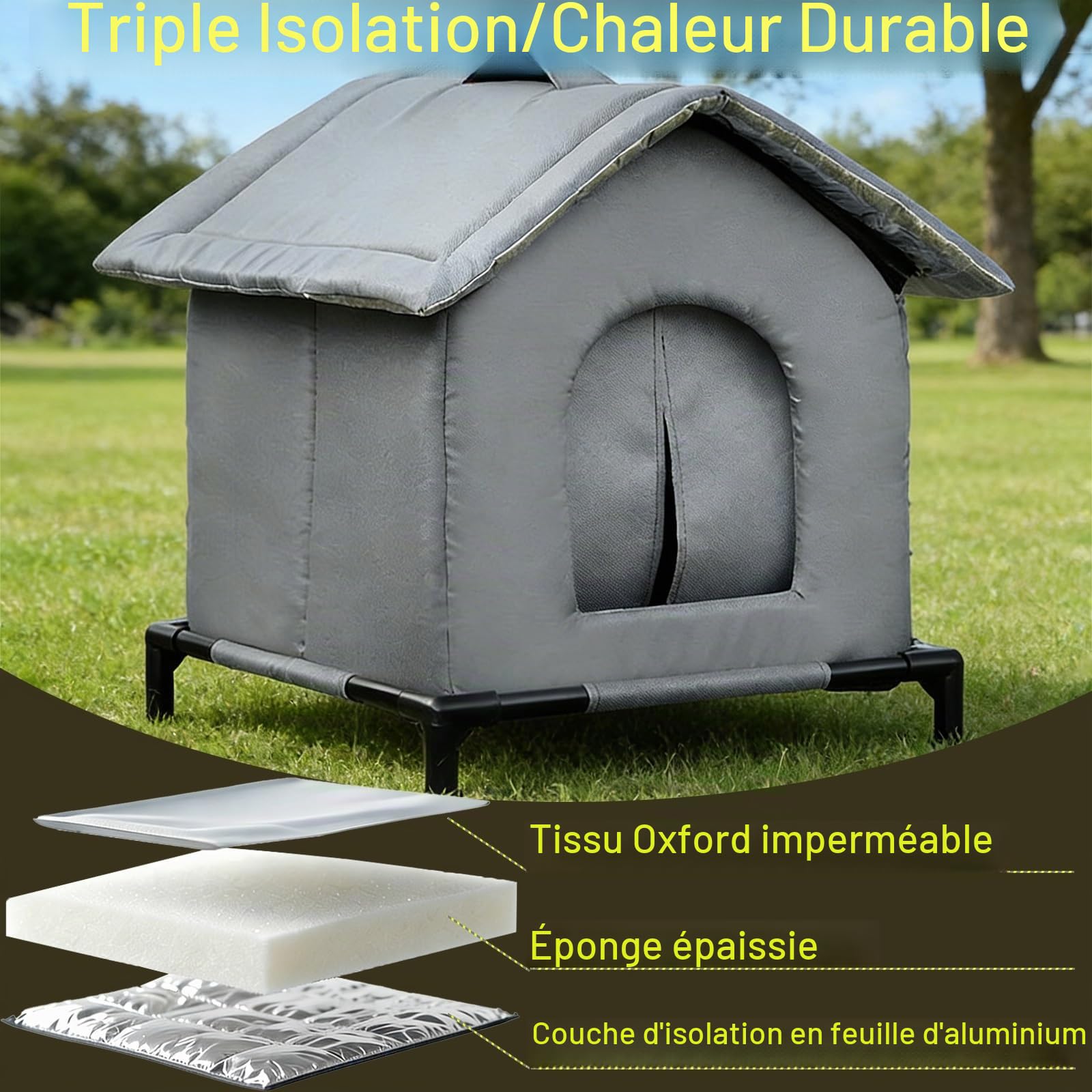Niche pour Chat Exterieur Tissu Oxford Imperméable, Cabane Chat Exterieur Hiver et Pluie avec Base Surélevée et Coussin, pour Animaux Domestiques Errantsgrange(M)
