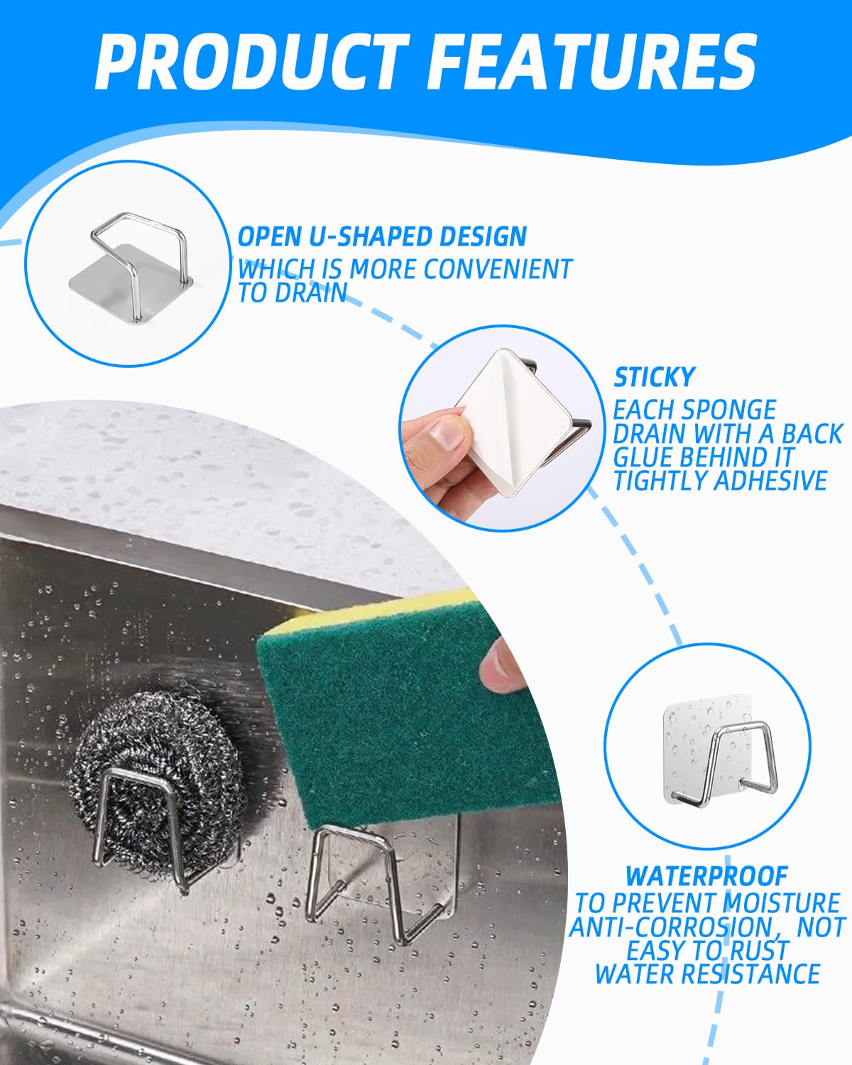 Portaspugna Autoadesivo Da Cucina - 12 Pezzi In Acciaio Inox, Nero