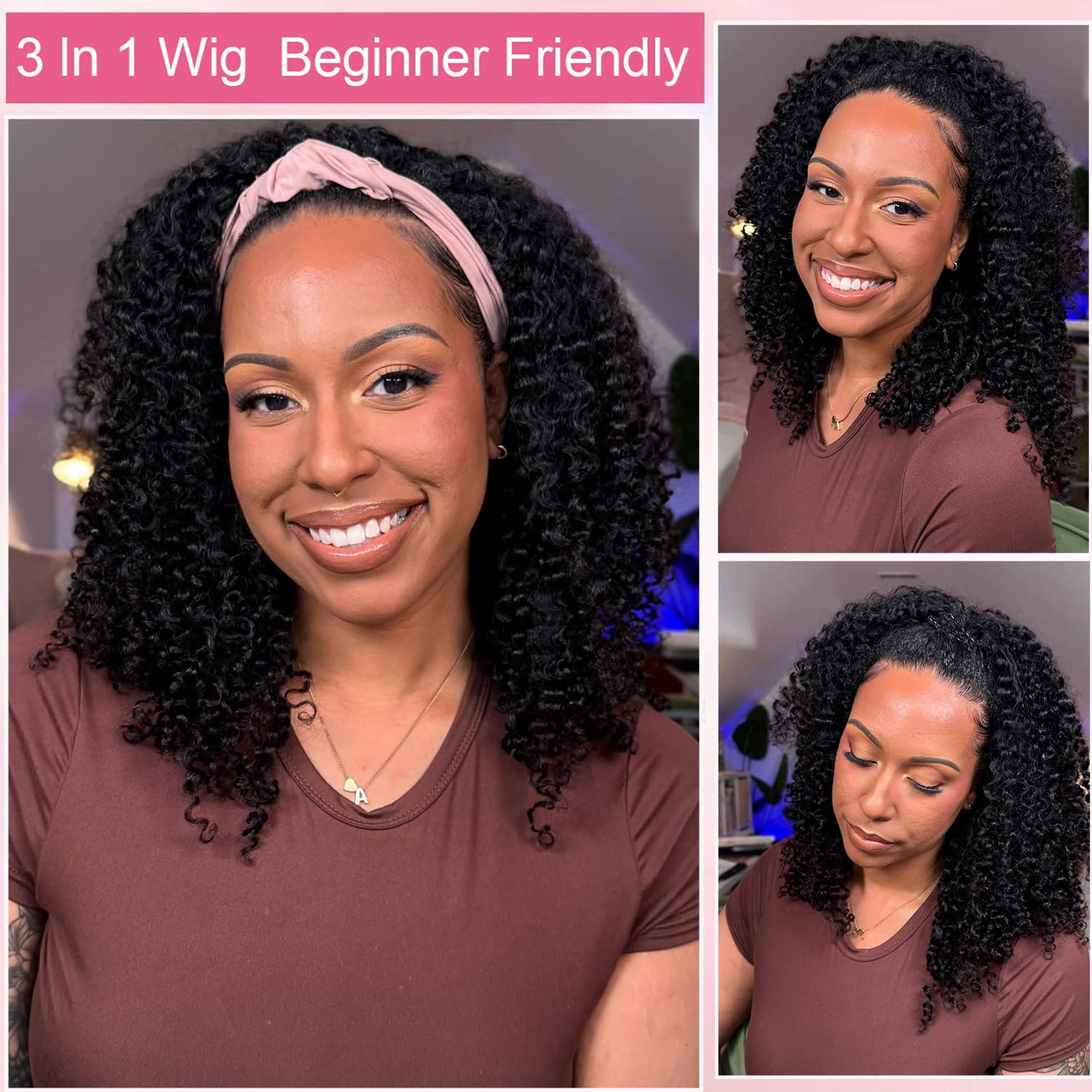 Kinky Curly Half Wig Human Hair 200% Density Glueless Human Hair Wigs for Black Women Seamless Clip Ins Flip Over Wear Go Wig Invisible Hairline Beginner Friendly 16 Inch