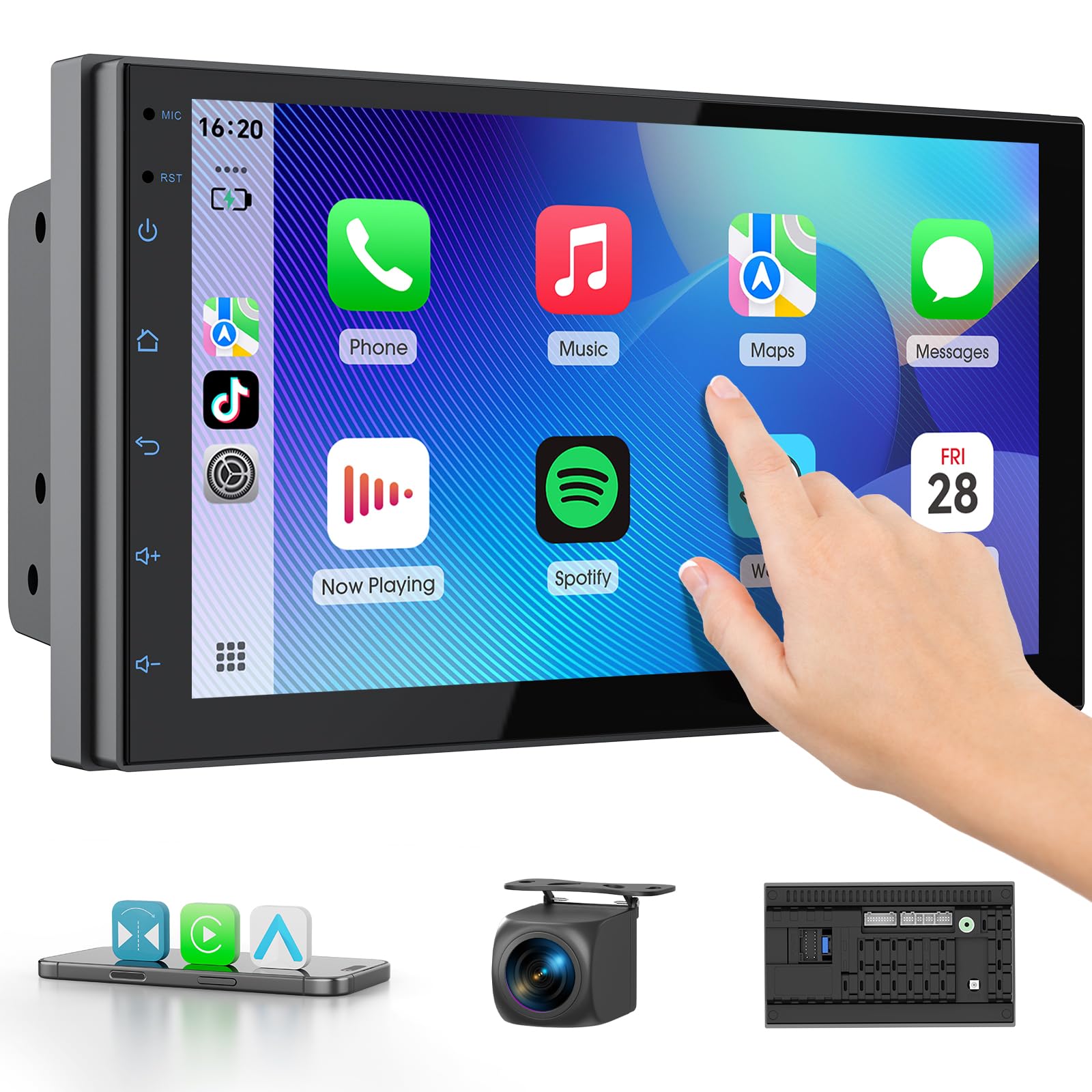 Haudio Radio samochodowe 2 Din z bezprzewodową funkcją CarPlay i Android Auto, 7-calowy ekran IPS z łącznikiem lusterka, GPS, sterowanie głosowe, SWC/FM/RDS/AM, 25 zestawów interfejsu użytkownika